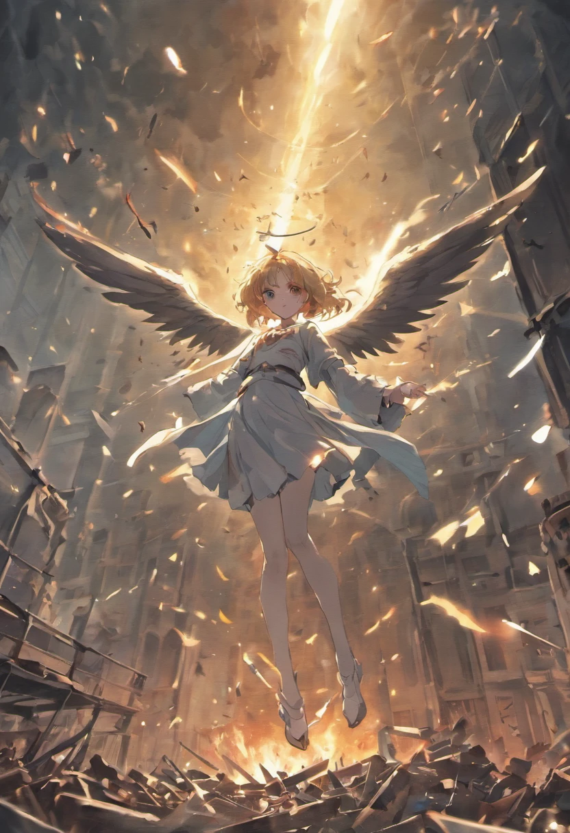 angel of war, demonic, killing someone, looking up, high definition, (masterpiece) angels flying in background, war scene, high destruction, crushed cars, destroyed tanks
