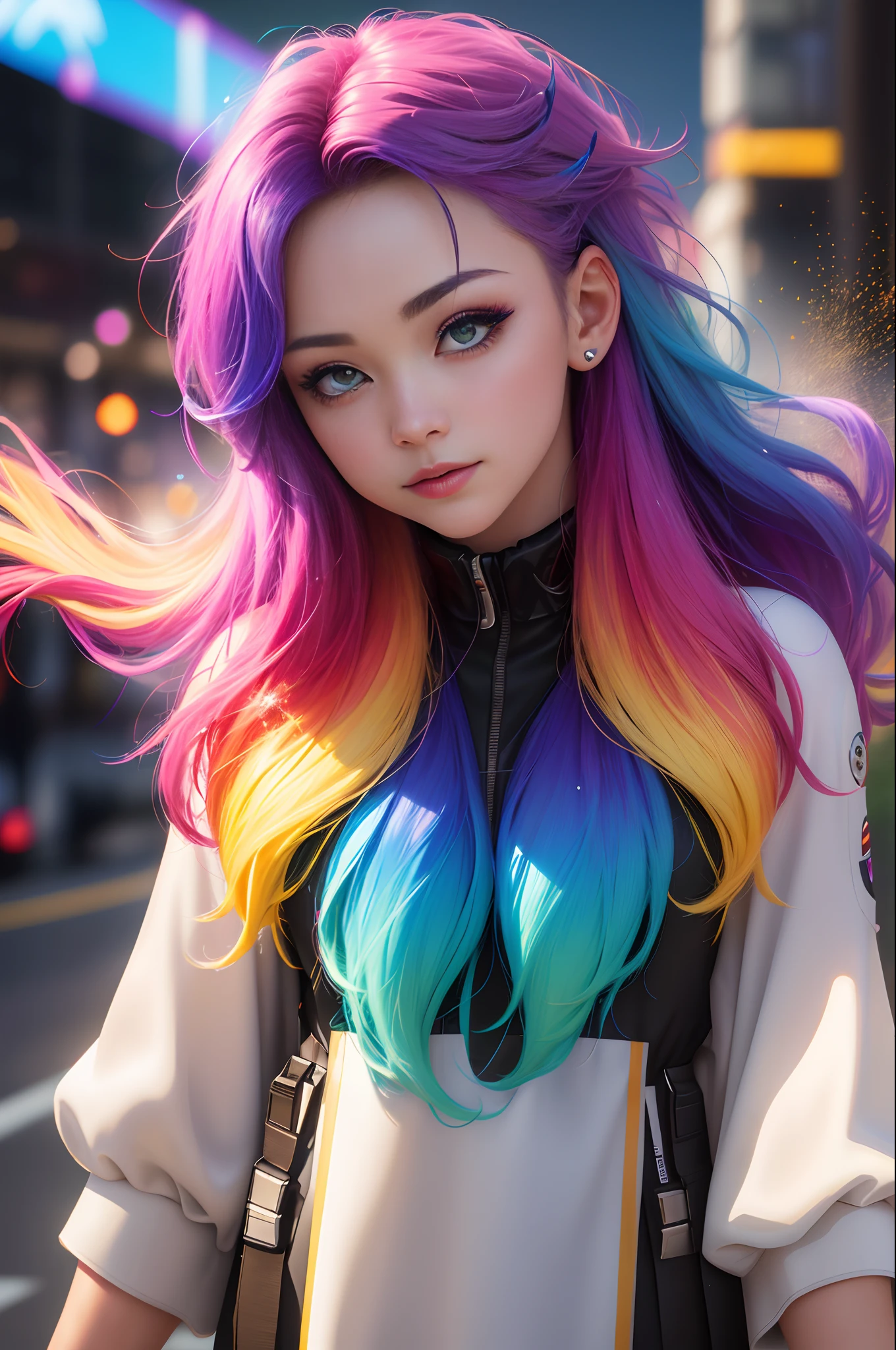 (level difference: 1.8),(depth of field),1the girl's side face blends into it,((side face)),mouth open,(rainbow hair:1.1) defies gravity, thick flow, ( rays of light, incredibly beautiful, masterpiece, detailed background, high-quality model, cyberpunk background, abstract beauty, explosive volumetric, oil painting, heavy brushstrokes, romantic lighting, sub-surface dispersion, 135 mm lens, f1. 8, glitter, 8k, high resolution, dreamy, ray tracing, hdr, divine rays,