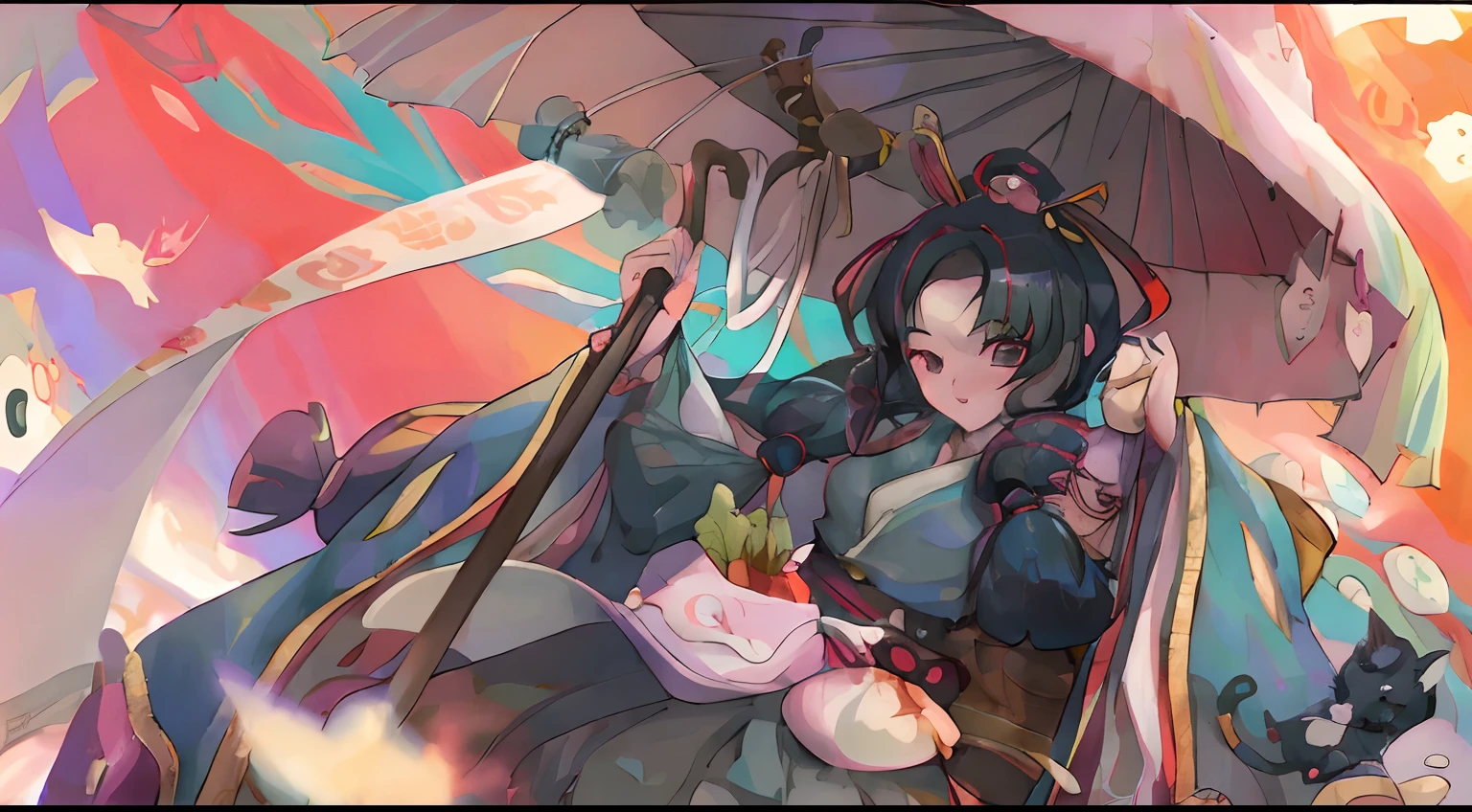 Anime girl with umbrella and cat on background, demon slayer rui fanart, Onmyoji detailed art, demon slayer artstyle, onmyoji, author:Shitao, Guweiz in Pixiv ArtStation, pixiv contest winner, onmyoji portrait, Guweiz on ArtStation Pixiv, zerochan art, Digital art on Pixiv