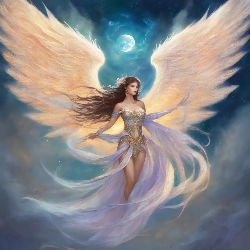 ((best qualityer)), ((tmasterpiece)), (A detailed), ((nouveau)), Succubus temptation, Ethereal beauty, perched on a cloud, (Fantasy illustration: 1.3), mesmerizing looks, captivating posture, delicate wings, supernatural charm, mystical sky, (Luis Royo:1.2), (Yoshitaka Amano:1.1), Moon Night, pastelcolor, (Detailed cloud environment:1.3), (A high resolution:1.2)