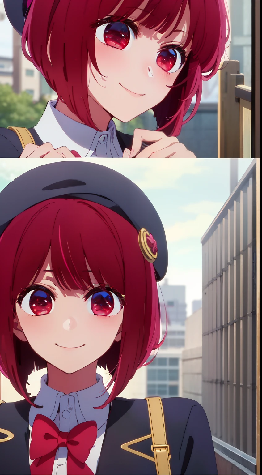 masterpiece、ighly detailed、(1 girl in:1.2)、Red hair、Learn uniforms、big eye、a closeup、A smile、8K、short-hair、beret、(((anime styled)))、Shining eyes