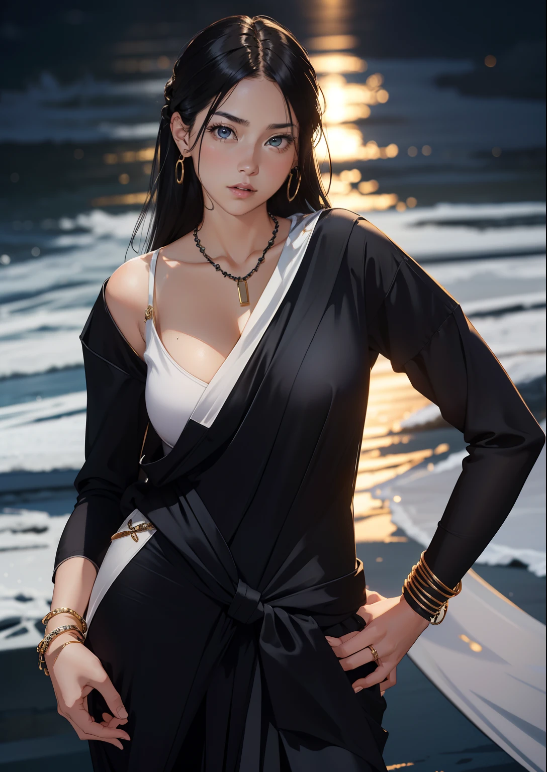 Female ((30year old) ), hair ((long, straight, black)), eyes ((green, smart eyes)), topless ,clothes ((silk, dress, white)), accessories ((necklace, hair pin, bracelet, earrings)), gigantic breast, big boobs, oppai, cleavage,(8k, RAW.photo, best quality, tmasterpiece:1.2), (realisticlying, photograph realistic: 1.4), ultra high res.photorealistic:.1.4,UHD