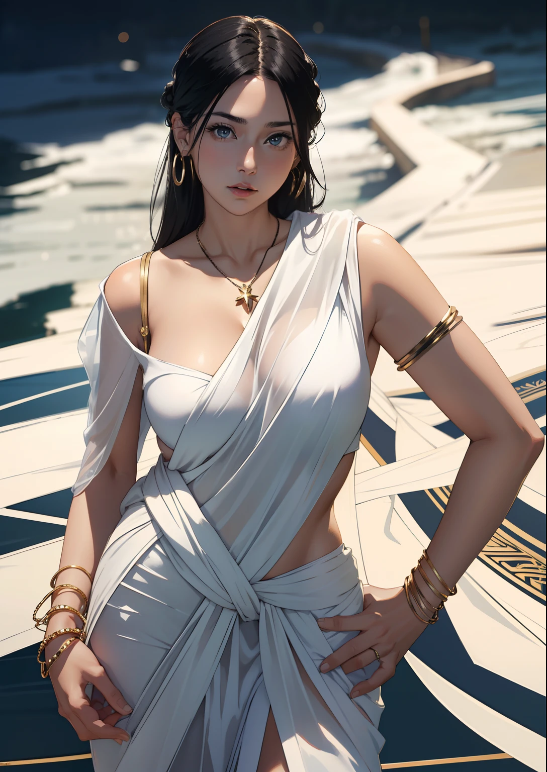 Female ((30year old) ), hair ((long, straight, black)), eyes ((green, smart eyes)), topless ,clothes ((silk, dress, white)), accessories ((necklace, hair pin, bracelet, earrings)), gigantic breast, big boobs, oppai, cleavage,(8k, RAW.photo, best quality, tmasterpiece:1.2), (realisticlying, photograph realistic: 1.4), ultra high res.photorealistic:.1.4,UHD