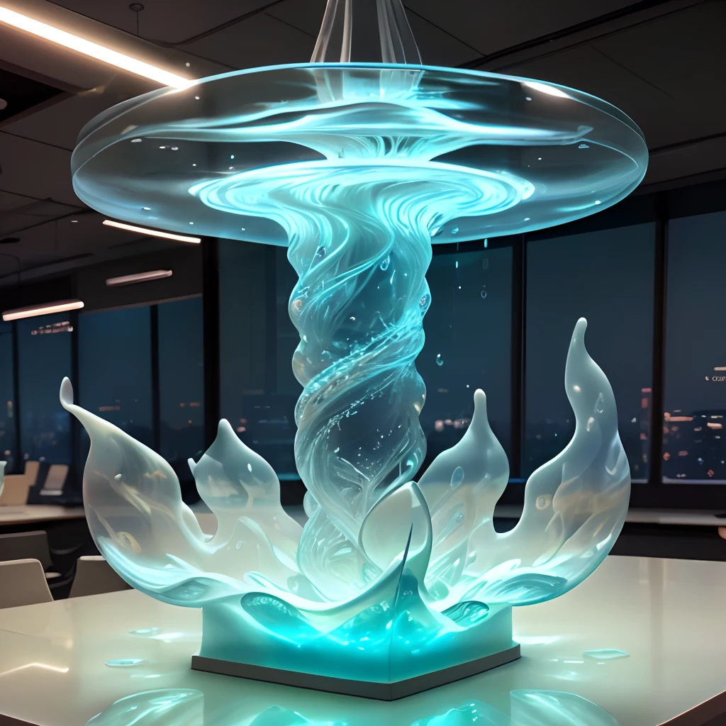 This is an office desk made entirely of transparent, tempered glass molded into fluid, organic shapes reminiscent of flowing water. The main work surface is smooth and flat, but the supporting structures twist and turn like liquid tendrils, making it appear as if the desk is frozen in motion. LED lights embedded within the glass structure can change colors, adding to the ambiance.