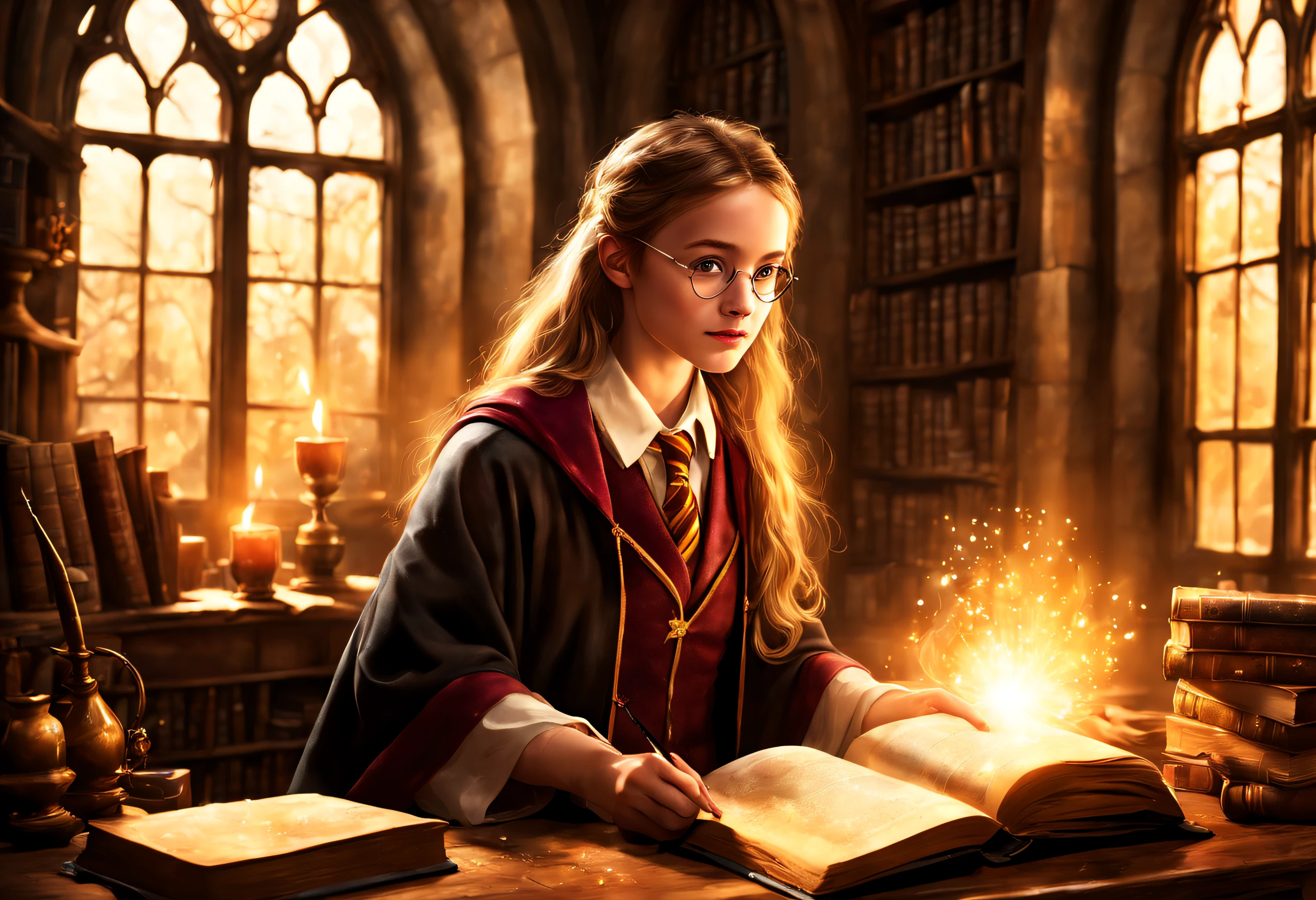 (a girl: 1.1), Magic Academy, (best quality, 4k, 8k, high resolution, masterpiece: 1.2), ultra detailed, (realistic, photorealistic, photorealistic: 1.37), fantasy, ethereal light, artistic, book atmosphere of stories, glowing magic runes, misty atmosphere, magic class background, fascinating magical creatures, curious and exploratory expression, loose robes and cloaks, spell book in hand, mystic wand, glowing eyes, floating books and scrolls, magic potions , golden rays of sunlight filtering through the windows, warm and inviting colors, wisps of magic in the air, magical seals and symbols, whimsical architecture, towering spiers and arches, regal class with ancient tomes, bursts of brilliant sparkles, playful magic and mischievous interactions, spells. Potion casting and brewing lessons, thoughtful and focused learning environment, fascinating and breathtaking views, hidden secrets and treasures to discover, benevolent and wise professors, exploration and adventure around every corner, Tolkien style.(Scene inspired by the Harry Potter movie: 1.42)