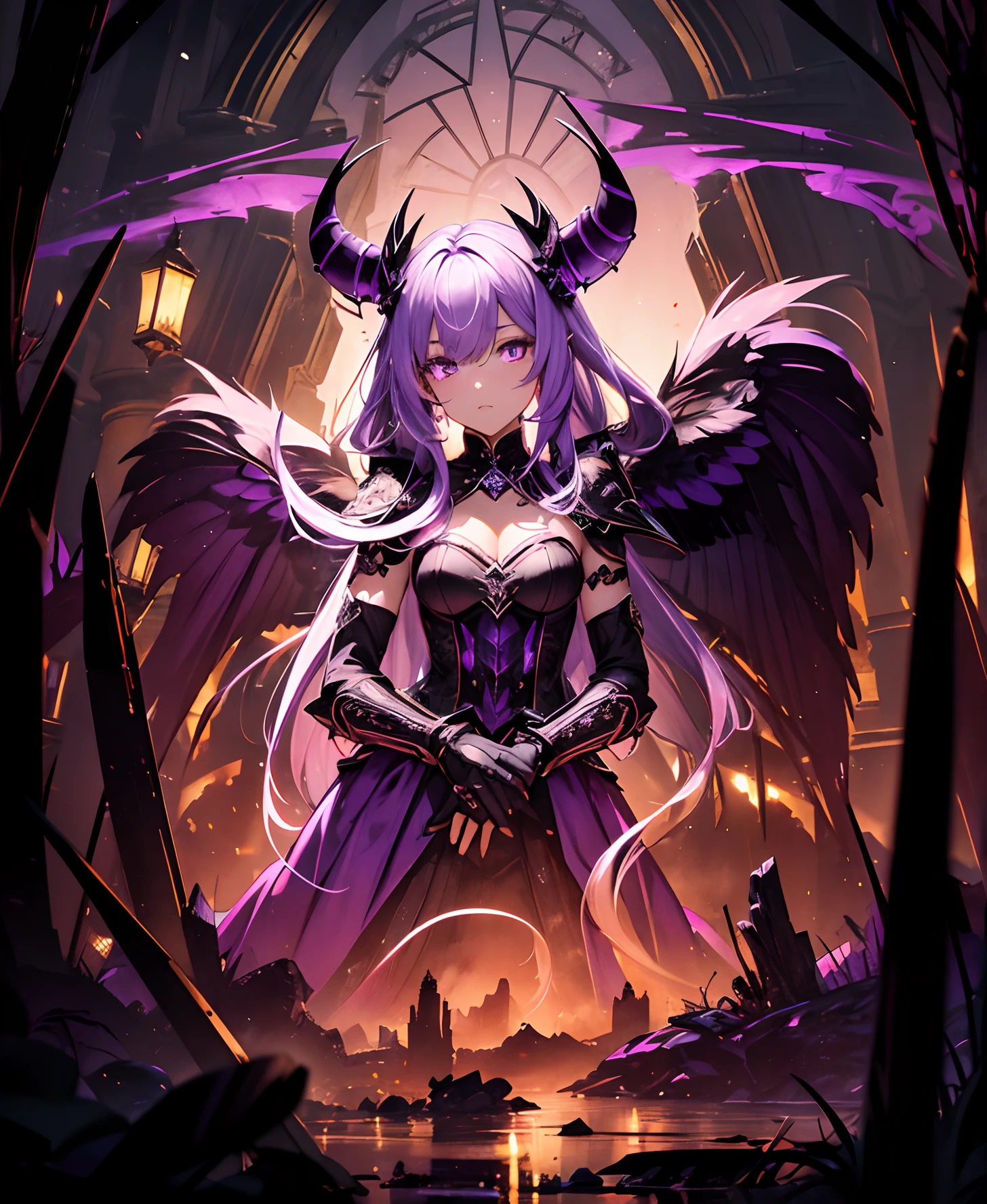 (dunkel,gotisch,beautiful,artistic),Purple and Black Cyb Armor with Purple Neon Light ,long black hair with purple highlights,Detailed purple and black wings,black horns,durchdringende rote Augen,High-resolution 8K image,dark and mysterious background,Lebendige Farben,Unendliche Dunkelheit,somber atmosphere, Goldene Verzierungen