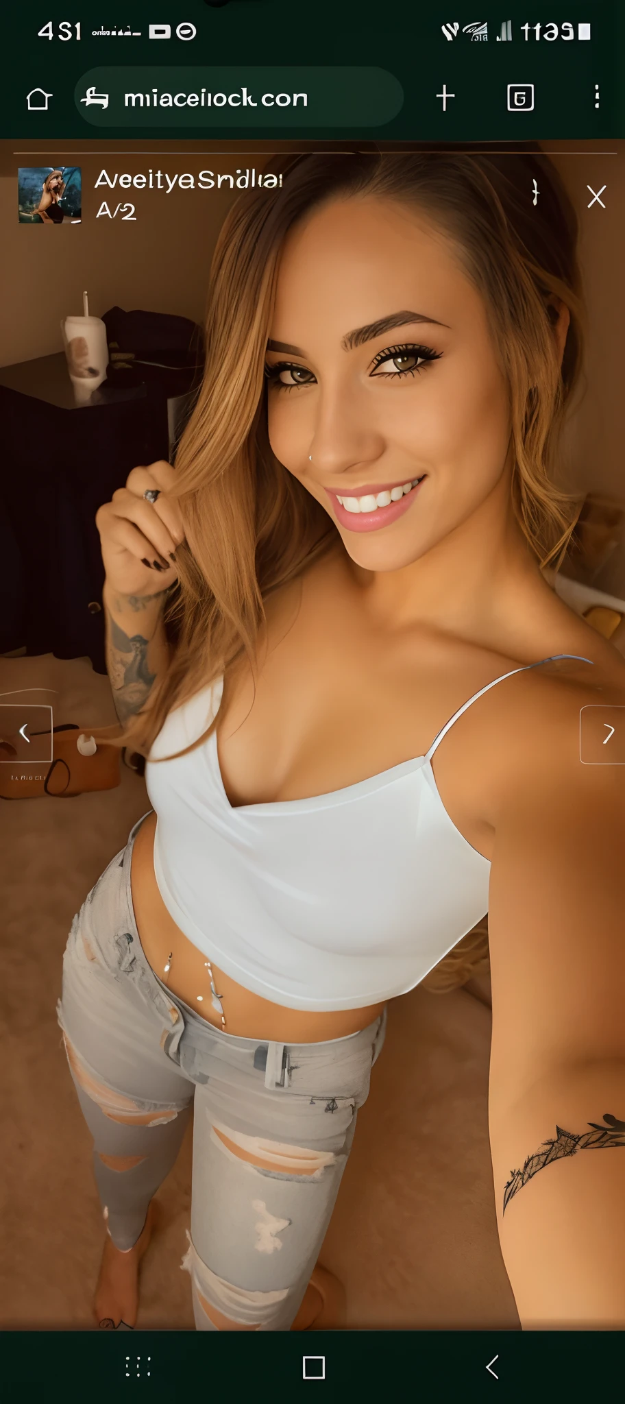 a close up of a woman with a tattoo on her arm, 2 4 year old female model, cute seductive smile, smiling seductively, crazy seductive smile, wearing nothing, 2 , beautiful and smiling, sexy look at the camera, friendly seductive smile, lorena avarez, 2 3 years oldold