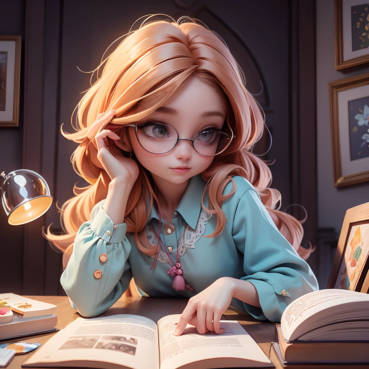 A woman sitting at her desk reading a book of fables, pequenas borboletas azuis sobrevoam o livro com se estivessem saindo de dentro livro, painting digital adorable, bela arte digital, Pintura realista, arte digital detalhada bonito, in style of disney animation, very magical and dreamy, Beautiful digital illustration, arte de pintura digital dos desenhos animados