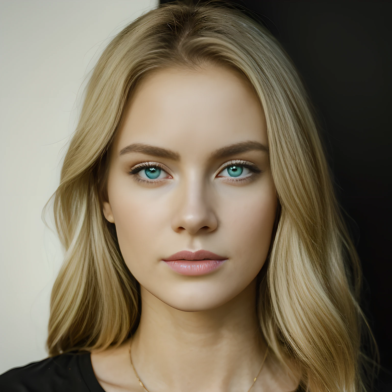 Realistic light blond beautiful black v-neck shirt sexy women, blue green eyes, portait photo