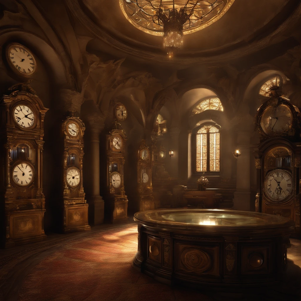 (best quality, masterpiece, ultra-high resolution, photorealistic:1.4), surrealism, dreamlike, fusion, time manipulation, passage of time, solitude, many clocks