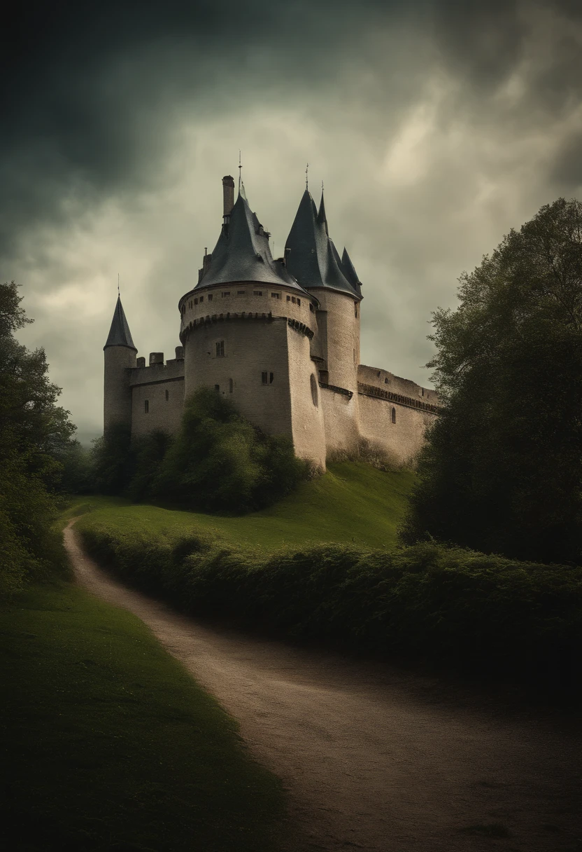 castle, Faits saillants naturels, couleurs vives, Realistic wide angle, Environnement mystique, realistic textures, realistic shading, centered, inked lines and watercolor, UHD, photo, 8k resolution, Sombre, action dynamique, pale faded style, camera Holga, retrô, Nostalgic dreamer, flou, Vignettage, light leaks, Medium photography, Dark artistic pictorial ethereal, fantasque, beaucoup de nuages de couleur, la nuit tombe, The place seems to be haunted,