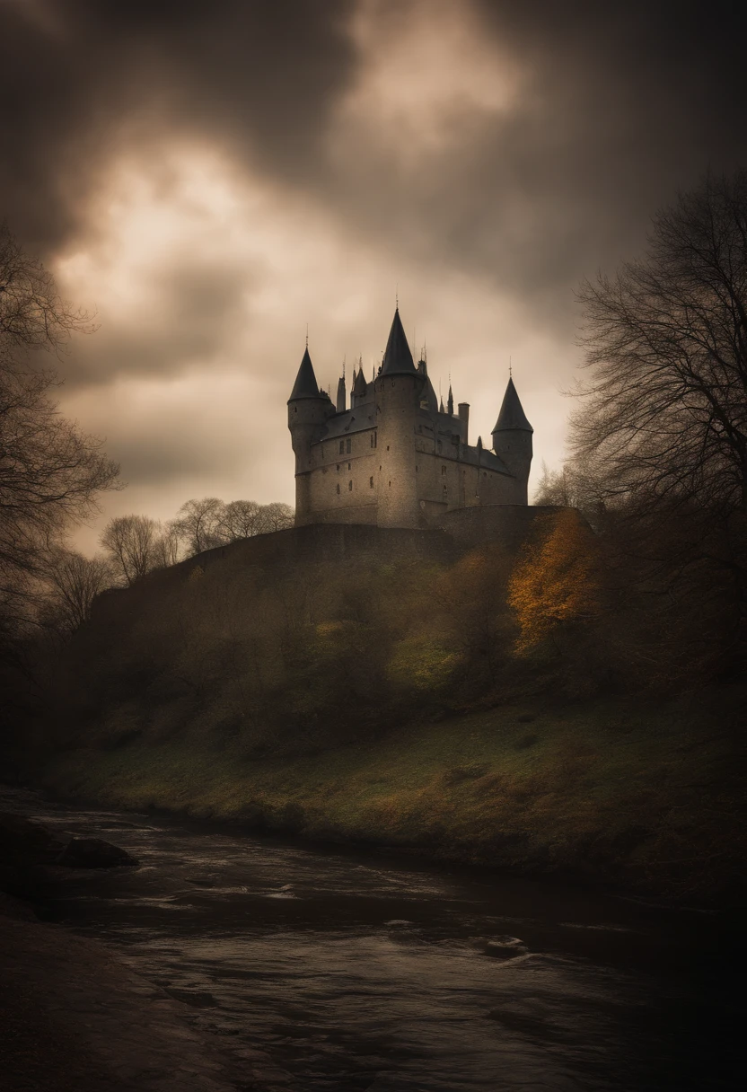 castle, Faits saillants naturels, couleurs vives, Realistic wide angle, Environnement mystique, realistic textures, realistic shading, centered, inked lines and watercolor, UHD, photo, 8k resolution, Sombre, action dynamique, pale faded style, camera Holga, retrô, Nostalgic dreamer, flou, Vignettage, light leaks, Medium photography, Dark artistic pictorial ethereal, fantasque, beaucoup de nuages de couleur, la nuit tombe, The place seems to be haunted,