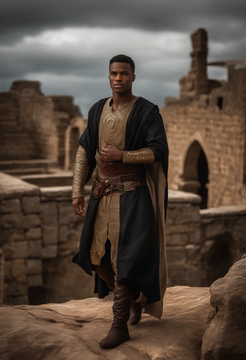 Homem jovem de pele negra, alto, cabelos liso curtos preto, olhos dourados, vestindo sobretudo marron e vermelho, armadura leve medieval Estilo sith, estilo jedi, Standing among cloudy day ruins.