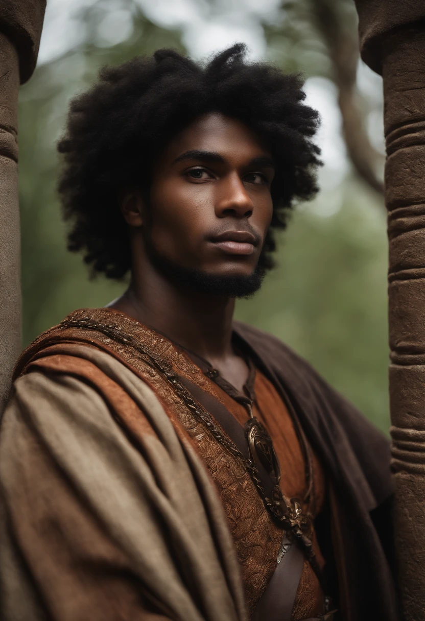 Homem jovem de pele negra, alto, cabelos liso curtos preto, olhos dourados, vestindo sobretudo marron e vermelho, armadura leve medieval Estilo sith, estilo jedi, Standing among cloudy day ruins.
