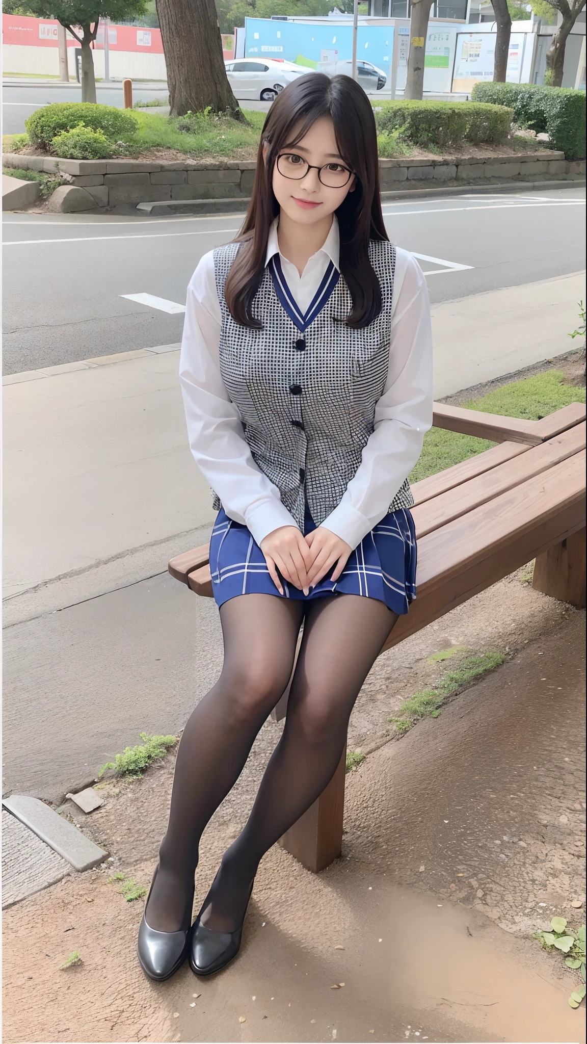 arafed asian woman sitting on a bench in a park, wearing japanese school uniform, Wearing ultra-realistic pantyhose、japanese girl school uniform, Japan school uniform, wearing headmistress uniform, Young Pretty Gravure Idol, photograph taken in 2 0 2 0, dressed as schoolgirl, mayuri shiina, Wearing glasses、Wearing school uniform, Wearing a strict business suit, Young skinny gravure idol, Seifuku