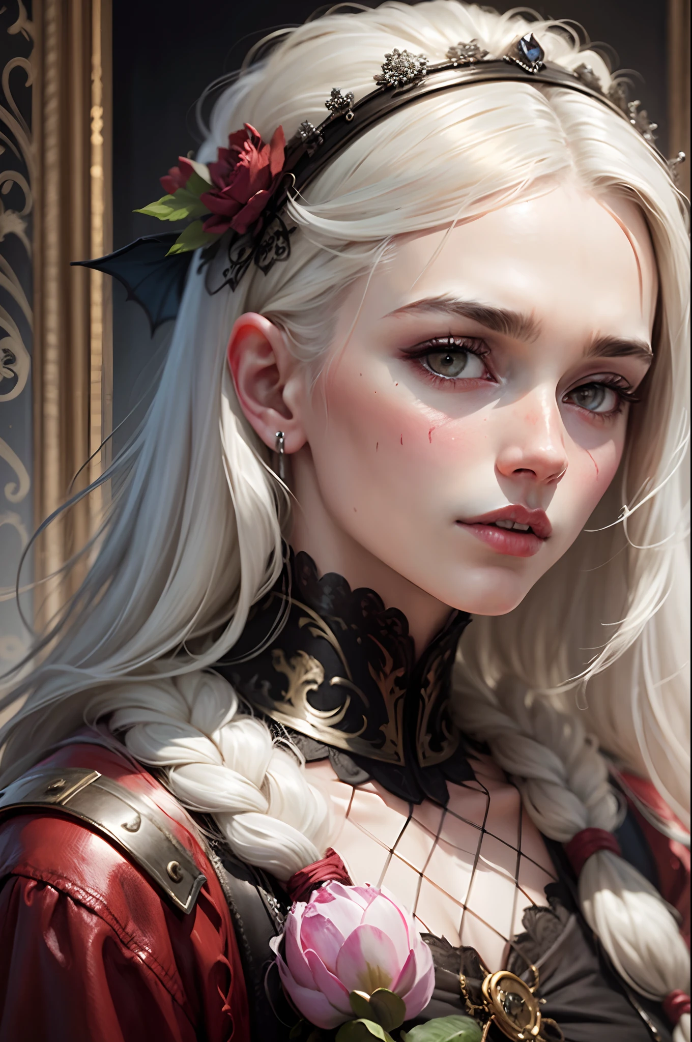 A vampire portrait painting, baroque style, he has medium long grey hair, a pale face --auto --s2