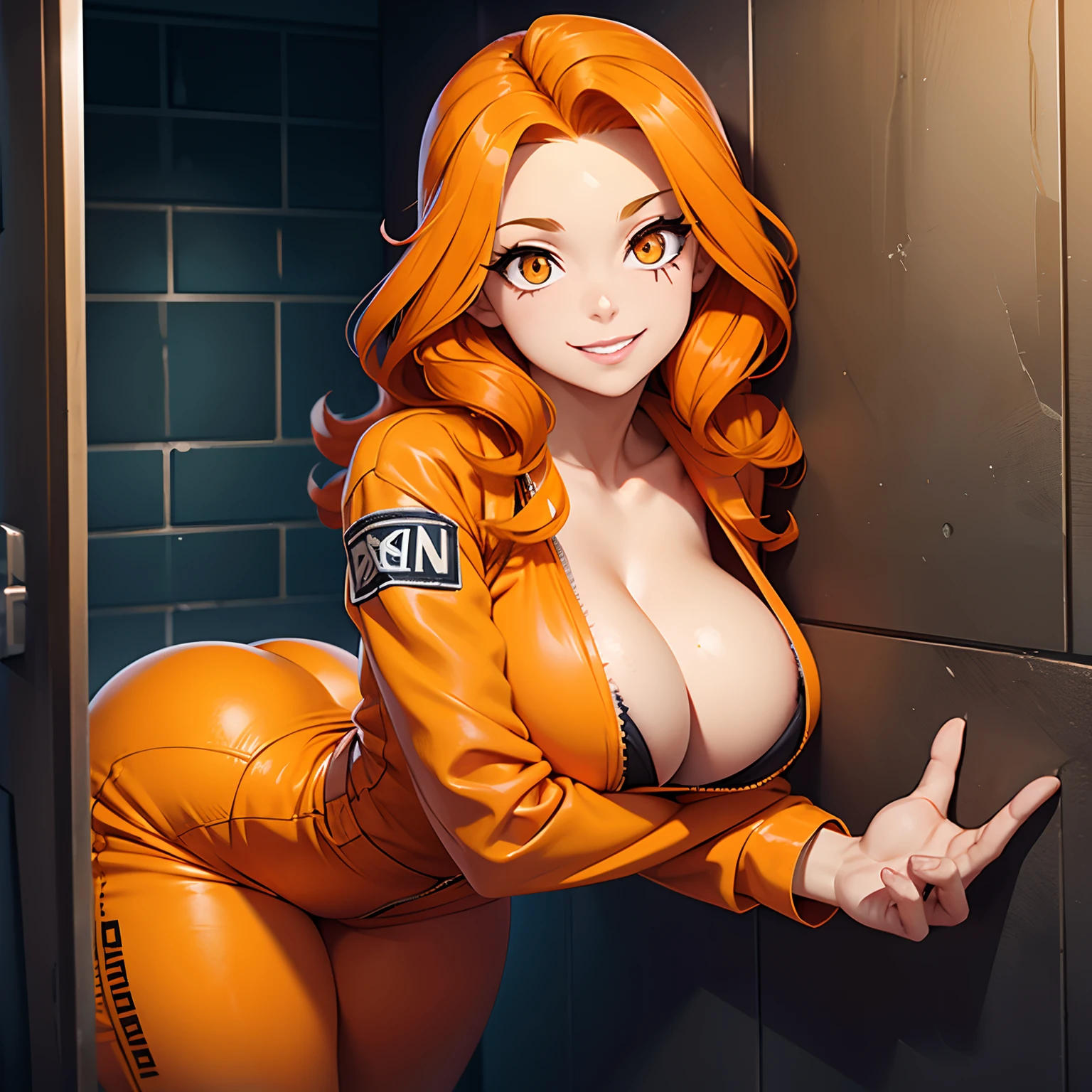 1woman, big breasts, tiny waist, big butt, wearing orange prison jumpsuit, cleavage, orange hair, wavy hair, long hair, exposed forehead, orange eyes, scars on face, smiling, hands hancuffed, in prison cell, cute