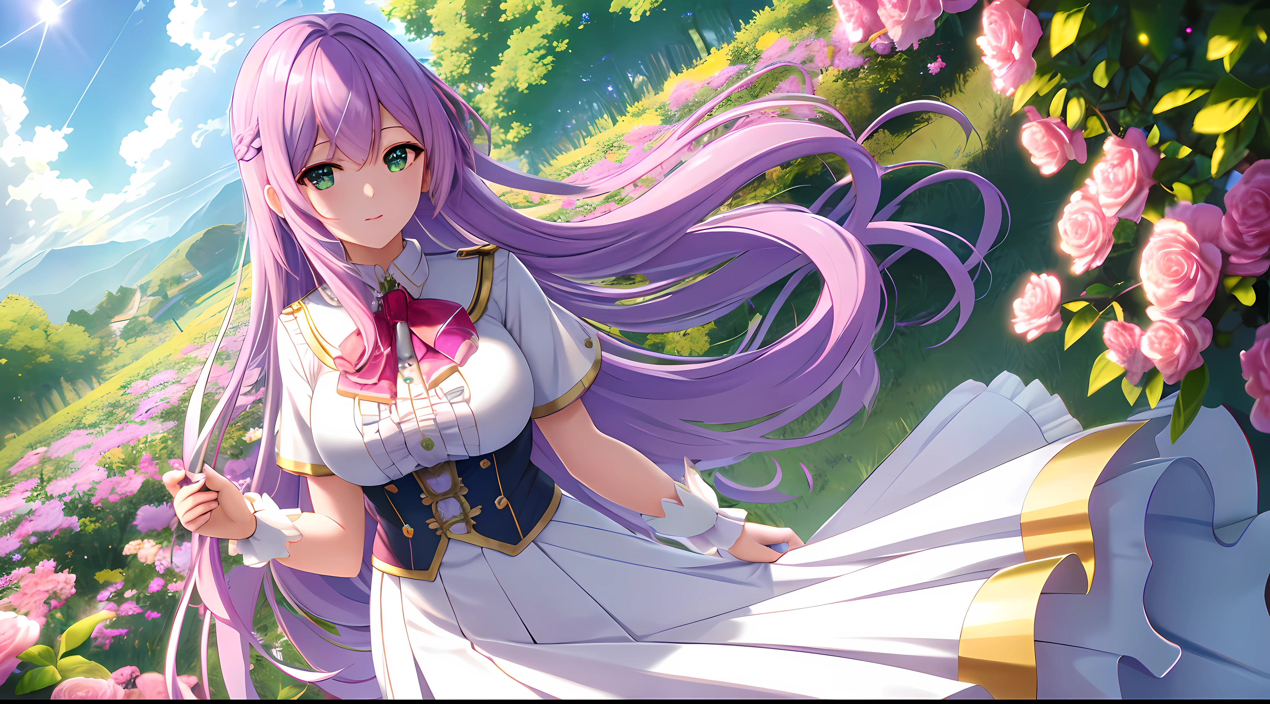 Athena with plain long light purple hair,hair between eyes,green eyes,rosy cheeks,full lips,thin eyebrows,slender body,wearing school uniform adorned with frills and lace,golden pendant on neck and full long skirt,cute anime girl,full body,flowers field in background,anime style,Lumen Reflections,Screen Space Reflections,Diffraction Grading,Chromatic Aberration,GB Displacement,Scan Lines,Ray Traced,Anti-Aliasing,FXAA,TXAA,RTX,SSAO,Shaders,OpenGL-Shaders, GLSL-Shaders,Post Processing,Post-Production,cell Shading,Tone Mapping,CGI,VFX,SFX,insanely detailed and intricate, 4K,standing, solo, masterpiece, best quality, detailed face, detailed eyes, highres, standing, solo,masterpiece, best quality