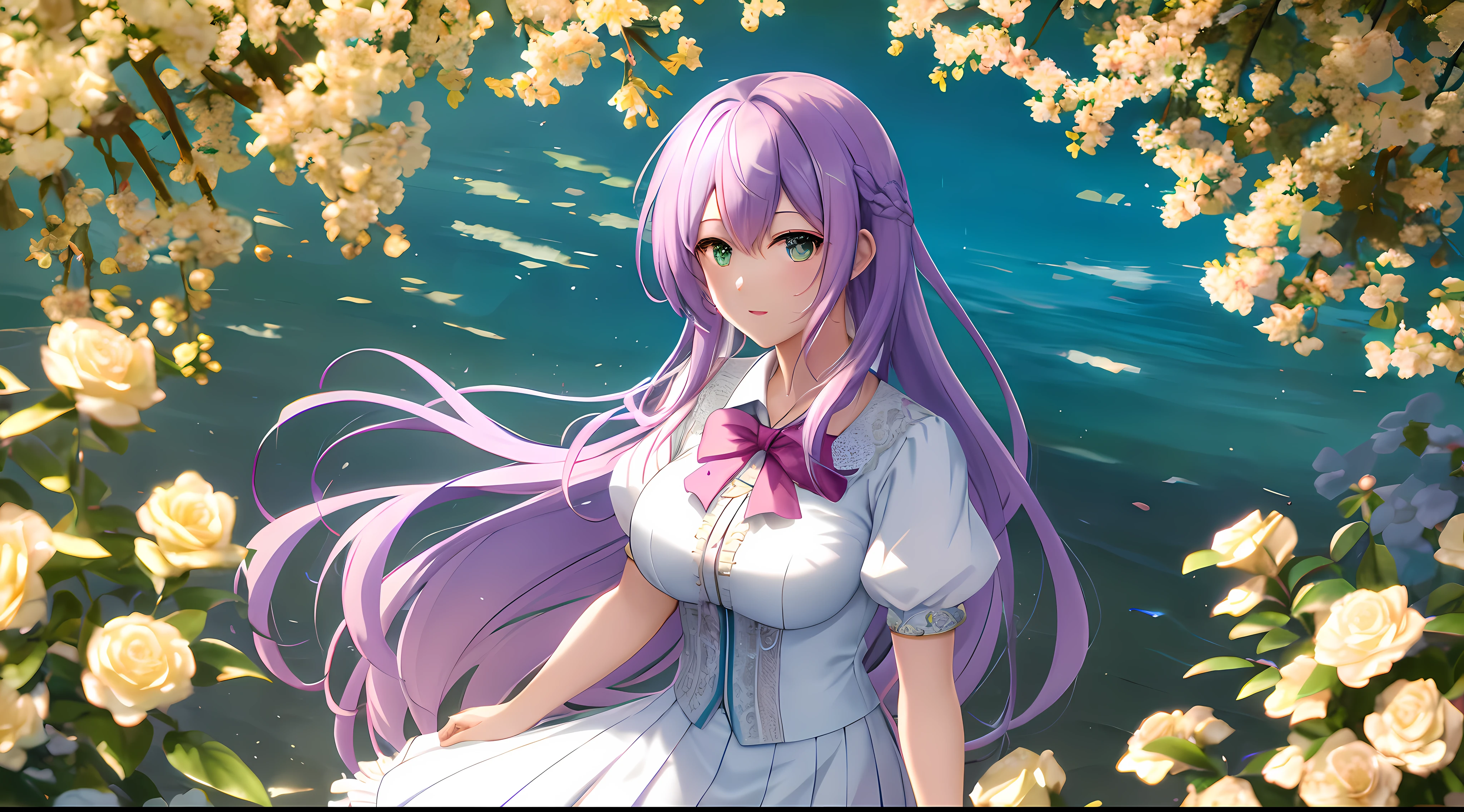 ((patchouli_knowledge)), 1girl, solo,orange_sky, sunset, twilight, autumn, autumn_leaves, fire, gradient_sky, mountainous_horizon, evening, dusk, 1girl, red_sky, cloud, mountain,, campfire, cloudy_sky, sky, sun,tree, outdoors,solo, long_hair, horizon, hut, lake, river, water, sunset, cityscape, purple_sky, city, ocean, leaf, cleavage, fence,cowboy shot, mob cap, crescent hat ornament, collarbone, off shoulder, nightgown, strapless, white headwear,