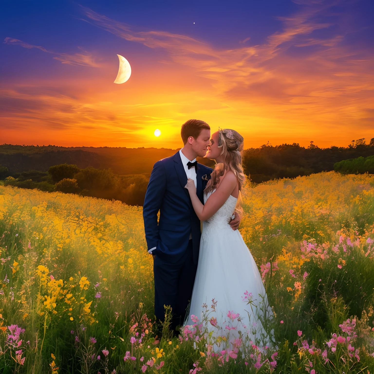 a couple lying in a field of flowers with a sunset and the moon on the opposite side