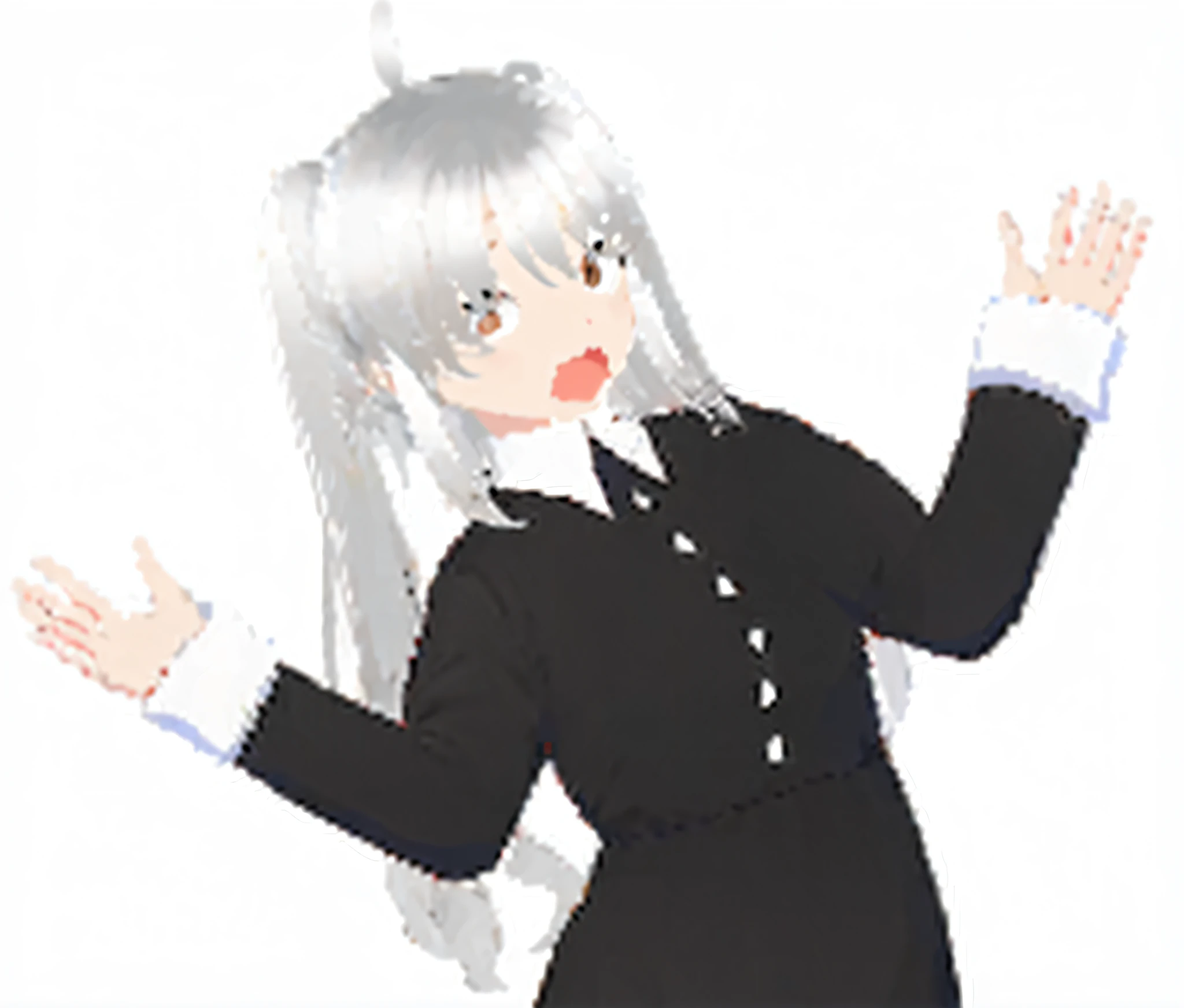 Twin-tailed,Anime girl in black dress with white collar and white shirt, nyaruko-san, white hair floating in air, white haired god, ueshiba riichi, shikamimi, anime girl wearing a black dress, senko-san, silver hair girl, Anime Character, visual novel sprite, white hair, 2b, 2 b, Lori