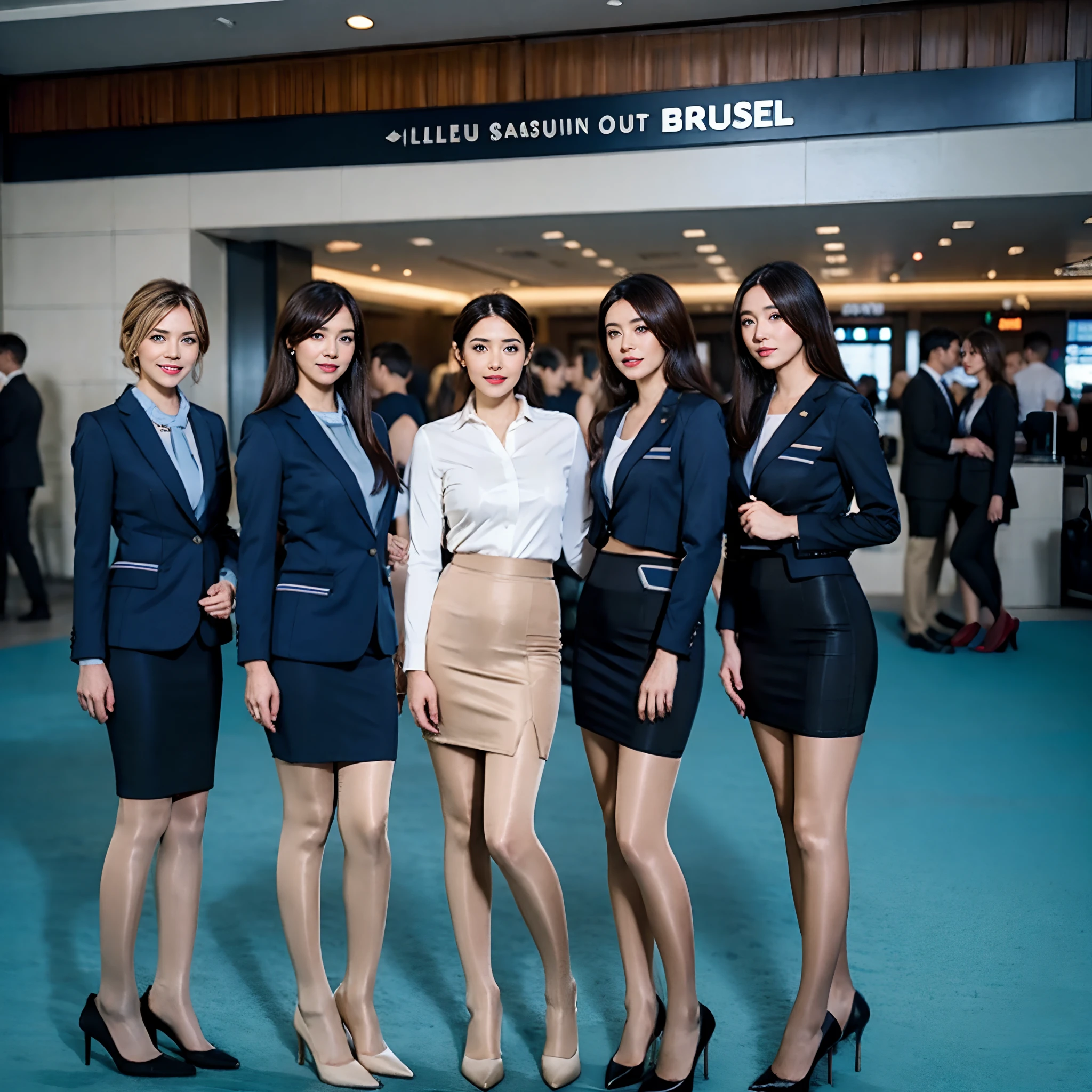 {{Mature female, Caucasians}}, view the viewer, browneyes, Extremely detailed, Medium breasts, Brown hair, airport, flight attendant, uniform, Blue blazer, a blue tie, Blue skirt, Medium skirt, pencil skirts, Blue high heels, cheerfulness, Best quality, High quality, extremely detailed anime screencap, {{{{Crowded, Multiple girls, thousands of sisters, millions of sisters,Billions of sisters, clone, Doppelganger, matching outfits, matching hairstyle}}}}, full bodyesbian