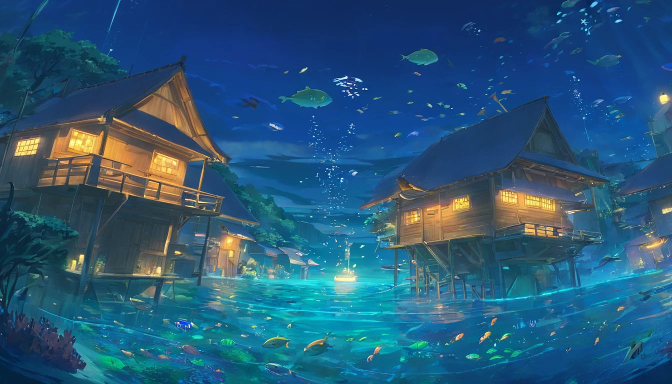 an underwater village at night time, ocean world, fish, a male floating under the water, fantasy, reef, stingray, jellyfish, houses under water, makoto shinkai, ghibli, cinematic light, sparks, moonlight