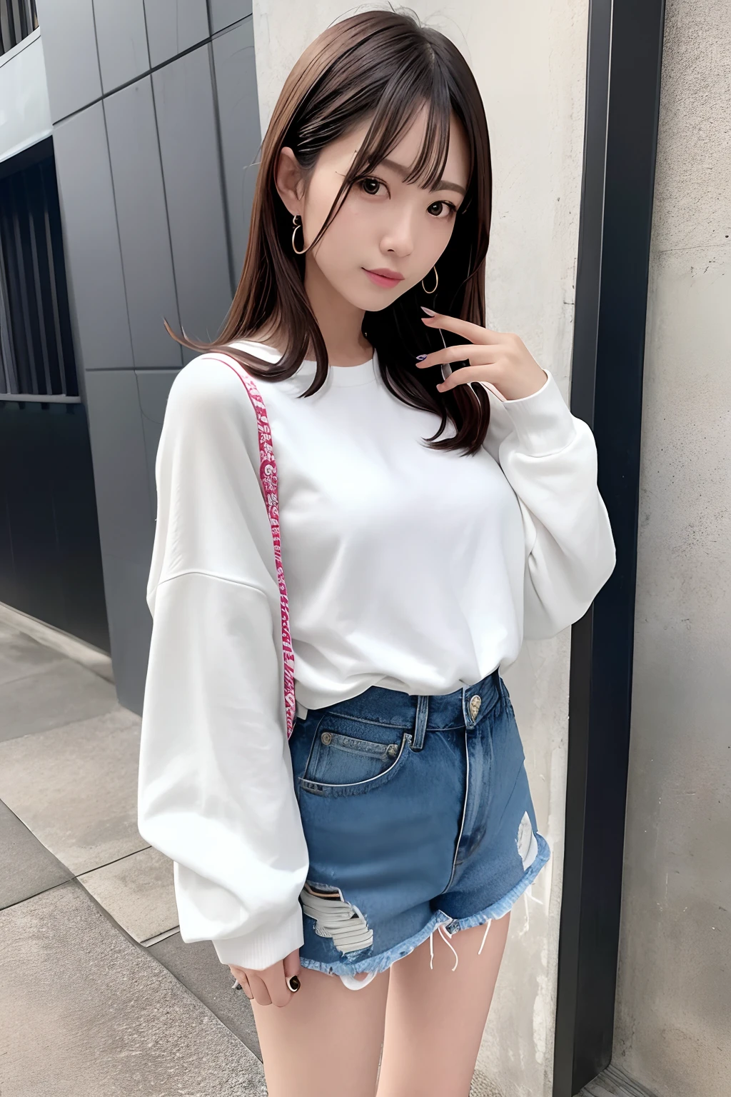 Ordinary woman in plain clothes、Harsh flash photography、[photos realistic]!!,Candid flash photography、magnifica、Masa Nakayama、flash photo、Sui Ishida、Do not copy hands、adult lady、White wall background、Photo from the front、Promotional photos、Cute clothes、Beautiful clothes、short-hair、10 generations、Pupils、lollipop、colourful clothes、Subcultural fashion、Idol