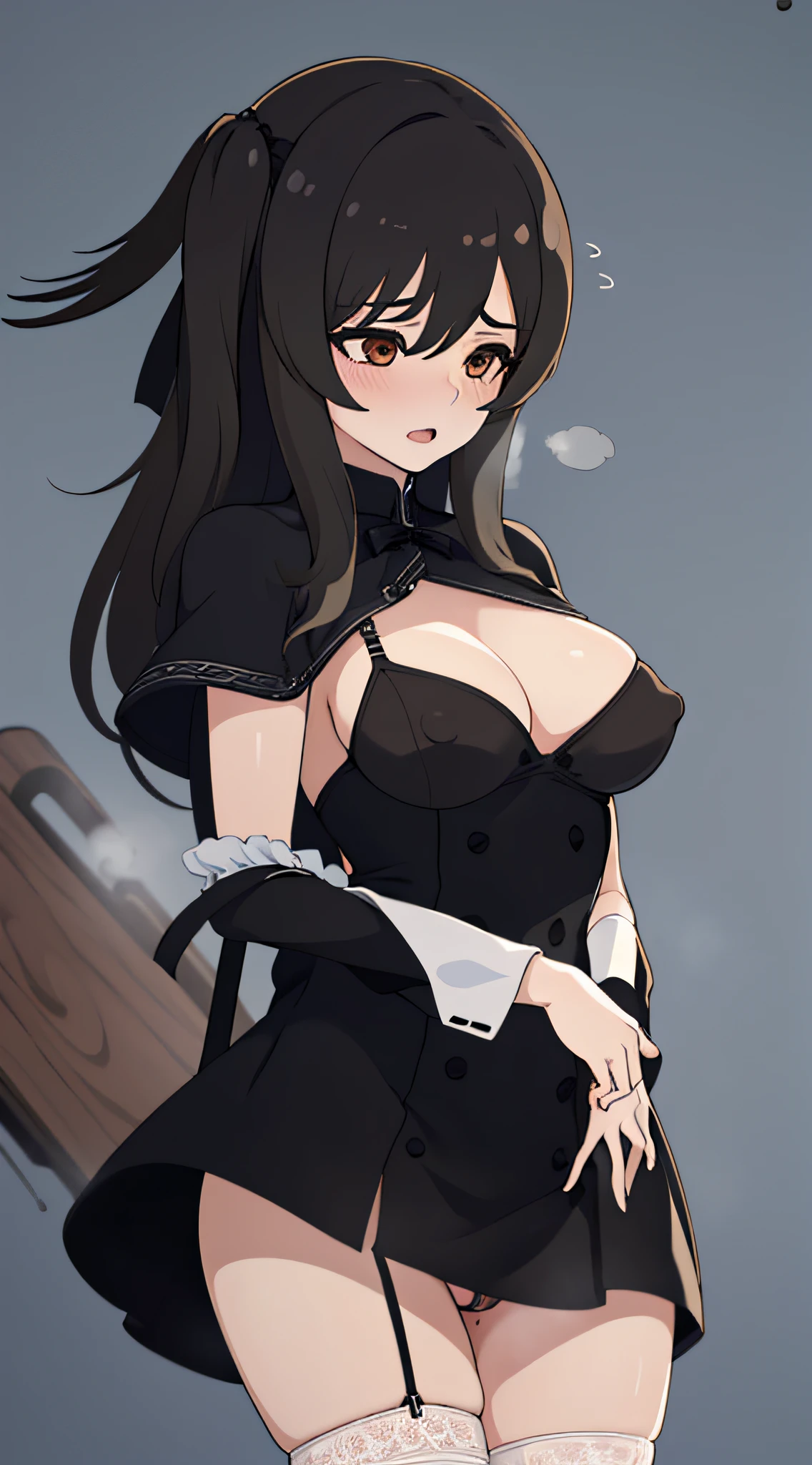 masterpiece, best quality, perfect anatomy, Kuo Shenlin,nsfw, 1boy,penis,((busty)),Sexy,Fascinating,uniform,steam,girl trembling with sexual climax,erect nipples,black dress