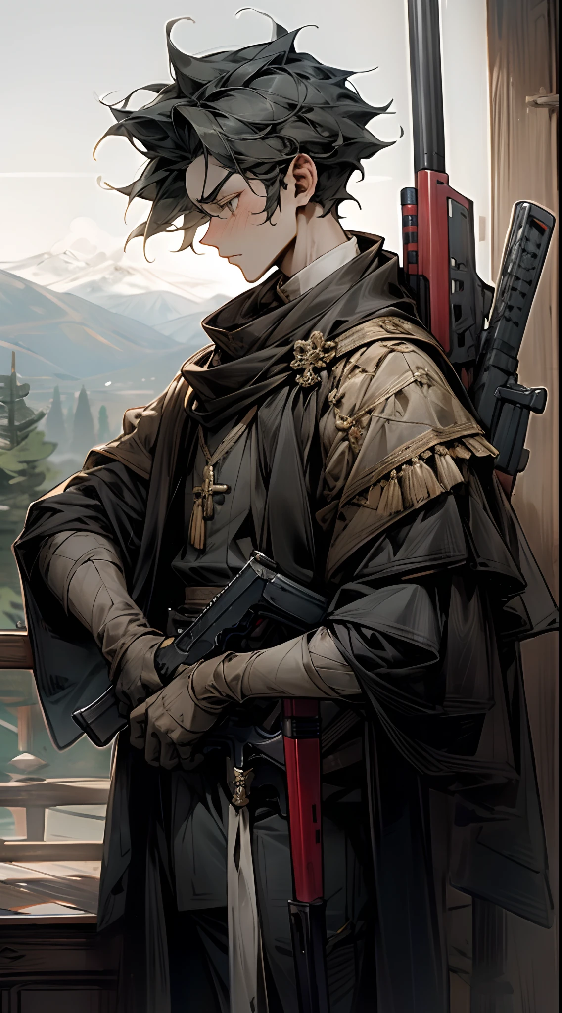Boy in georgian historical clothes with rifle and gray mountains in background