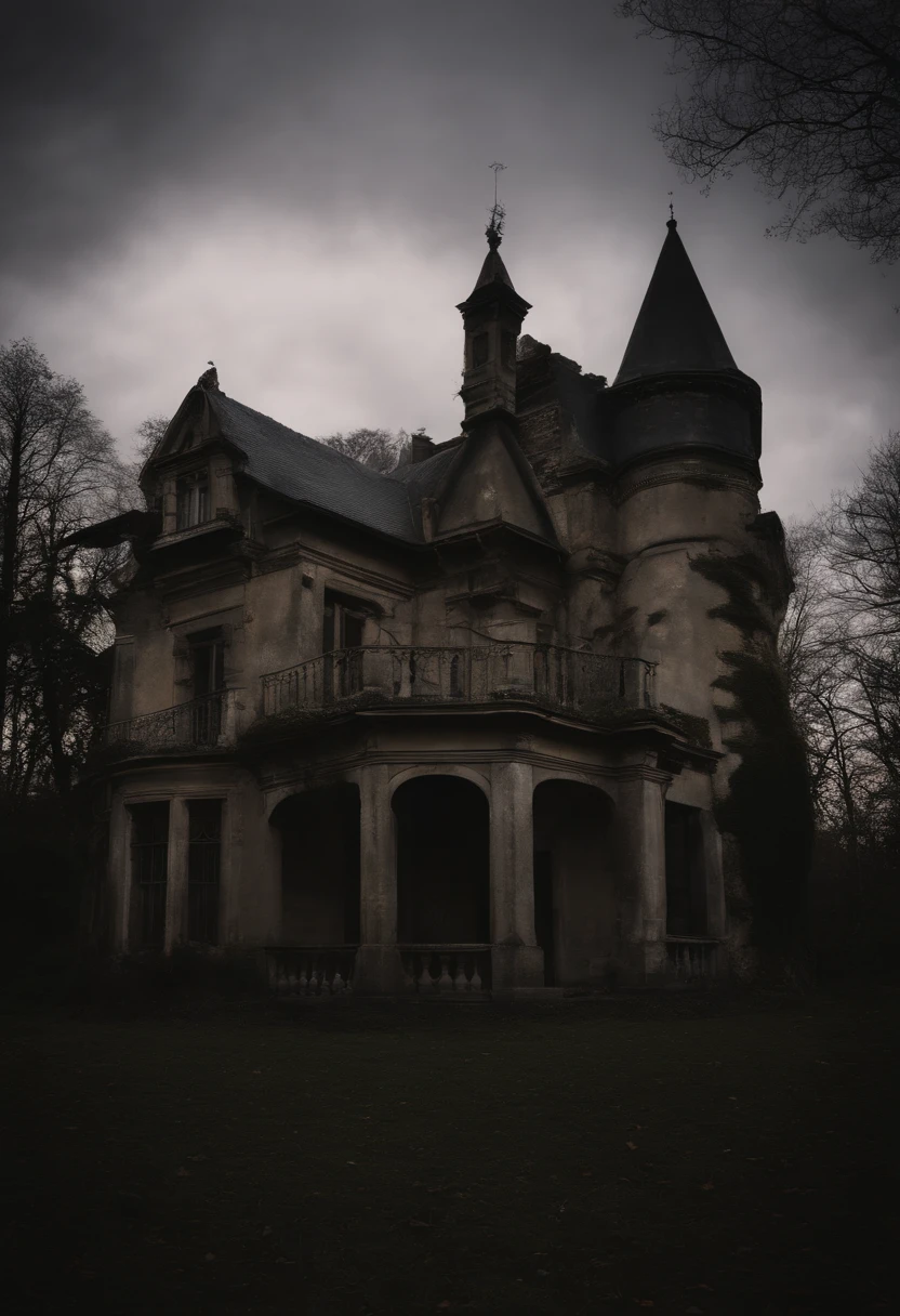 Haunted house,en haut d'une coline, Faits saillants naturels, couleurs vives, Realistic wide angle, Environnement mystique, realistic textures, realistic shading, centered, inked lines and watercolor, UHD, photo, 8k resolution, Sombre, action dynamique, pale faded style, camera Holga, retrô, Nostalgic dreamer, flou, Vignettage, light leaks, Medium photography, Dark artistic pictorial ethereal, fantasque, beaucoup de nuages de couleur, la nuit tombe, The place seems to be haunted, We can see the Masion 50 to 70 meters in front of us.
