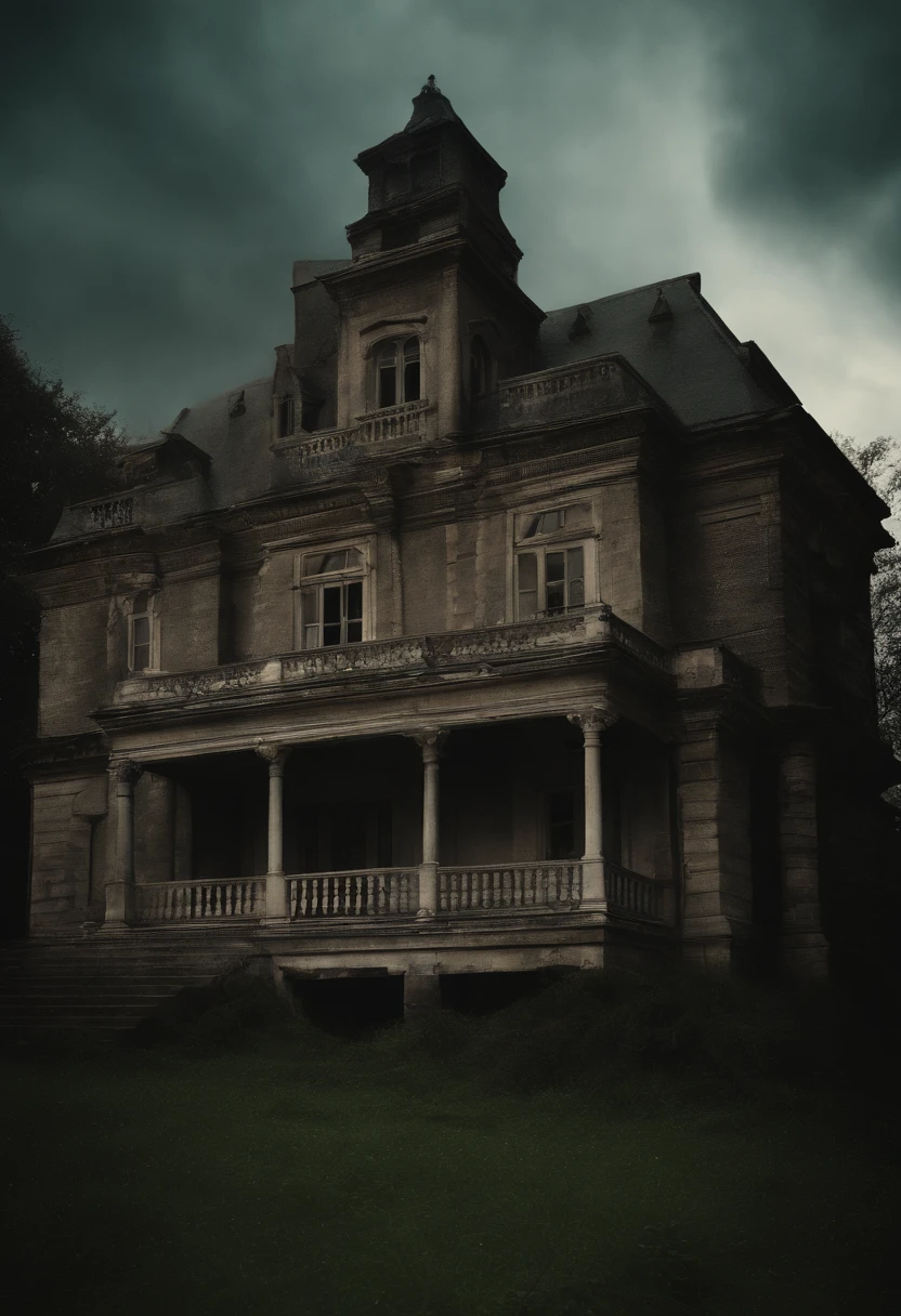 Haunted house,en haut d'une coline, Faits saillants naturels, couleurs vives, Realistic wide angle, Environnement mystique, realistic textures, realistic shading, centered, inked lines and watercolor, UHD, photo, 8k resolution, Sombre, action dynamique, pale faded style, camera Holga, retrô, Nostalgic dreamer, flou, Vignettage, light leaks, Medium photography, Dark artistic pictorial ethereal, fantasque, beaucoup de nuages de couleur, la nuit tombe, The place seems to be haunted, We can see the Masion 50 to 70 meters in front of us.