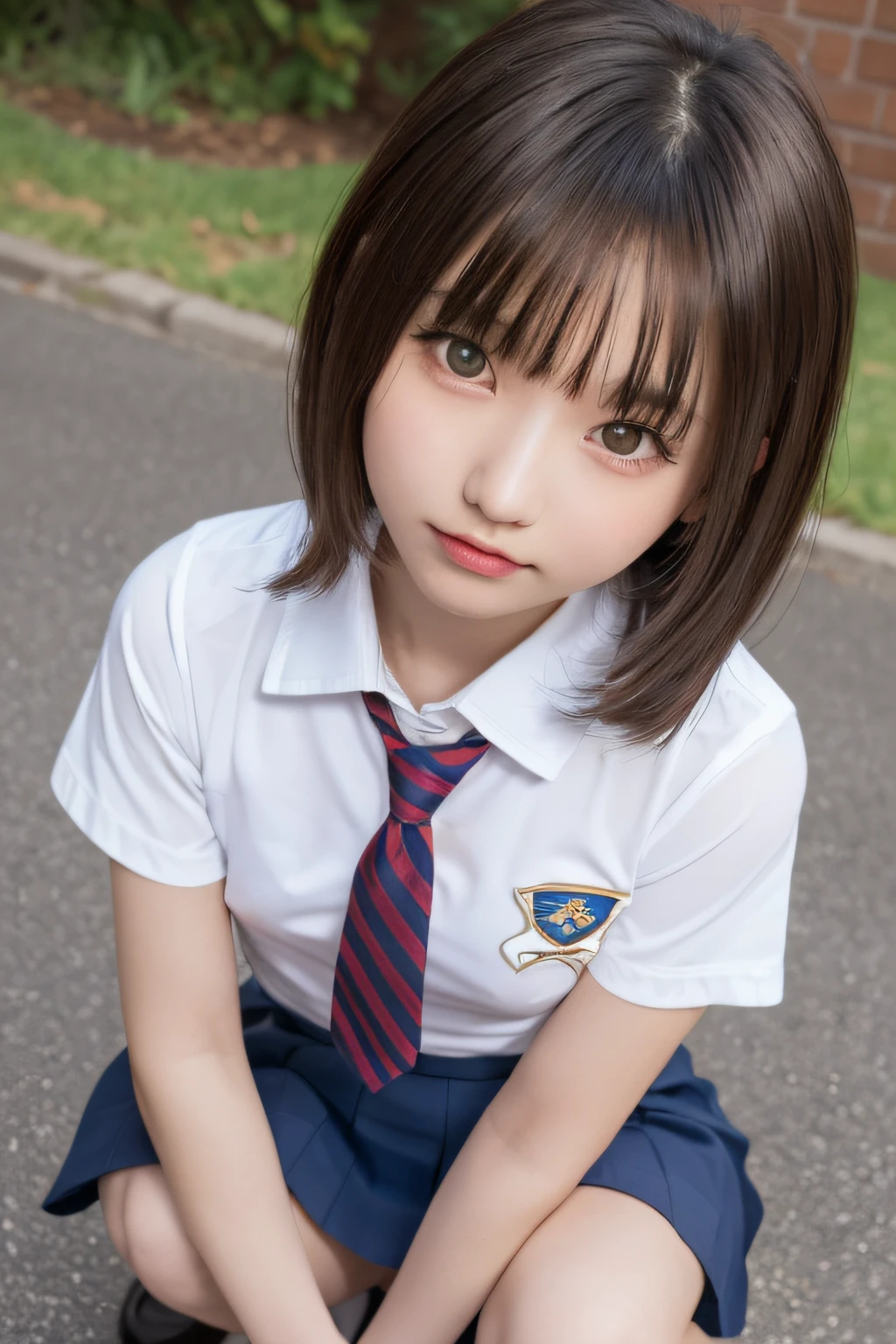 masutepiece, Best Quality, One girl, (Beautiful Girl:1.3), (:1.2), Very fine eye definition, (Symmetrical eyes:1.3), ((NSFW)), (Squat, School uniform, Put out naked, Cute skirt, Put out naked:1.3), Beautiful breasts, Brown eyes, Parted bangs, Brown hair, Upper teeth