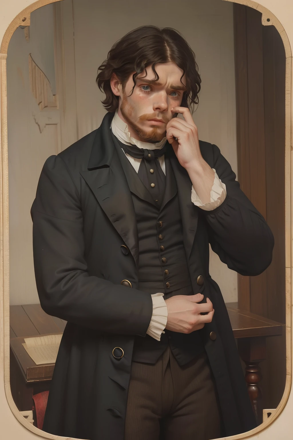 year: 1849. Location: Rock Island, Illinois. Pre-Raphaelite scene with a 31-year-old Richard Madden, sad, devastated, crying, tears, ((teary eyes)), ((horror expression)), covering his mouth, ((((Clothing from the 1840s)))) ((Hairstyle of the 1840s)), ((("OMITB" cinematography)))