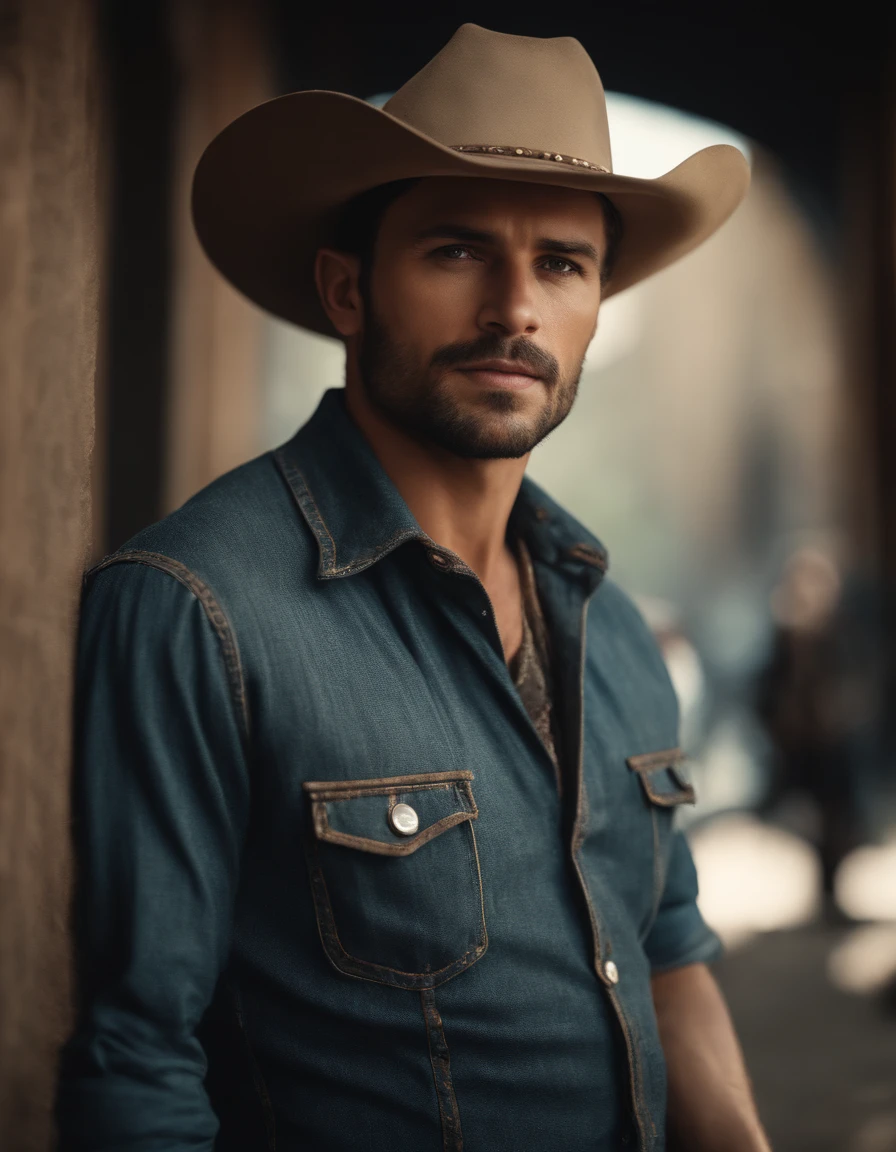 Cinematic portrait, ((Upper body)), Facing the audience, (reality :1.3), most beautiful artwork photo in the world, A man looks at the camera, Vintage denim outfits, Western cowboy, Detailed beautiful face, action shot, (Intricate :1.4), Western background, photograph realistic, In the daytime, CG, art stand