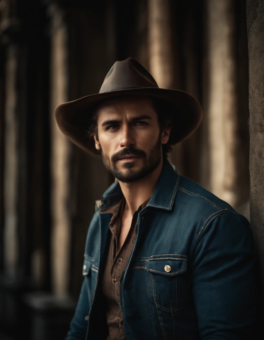Cinematic portrait, ((Upper body)), Facing the audience, (reality :1.3), most beautiful artwork photo in the world, A man looks at the camera, Vintage denim outfits, Western cowboy, Detailed beautiful face, action shot, (Intricate :1.4), Western background, photograph realistic, In the daytime, CG, art stand