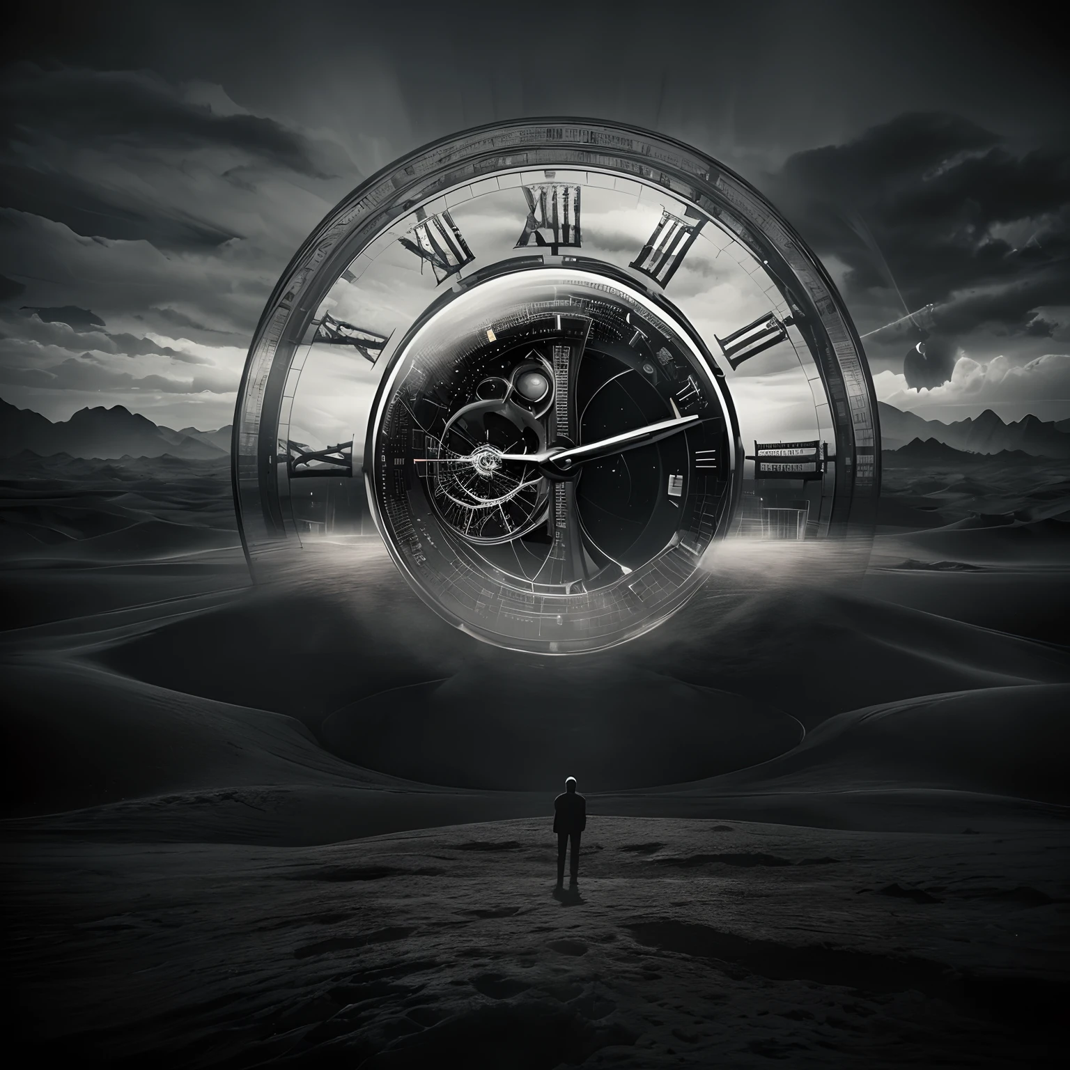 (best quality, masterpiece:1.2, ultra-high resolution, photorealistic:1.4), surrealism, dreams, fusion, time manipulation, passing of time, solitude, numerous clocks, black and white, landscape