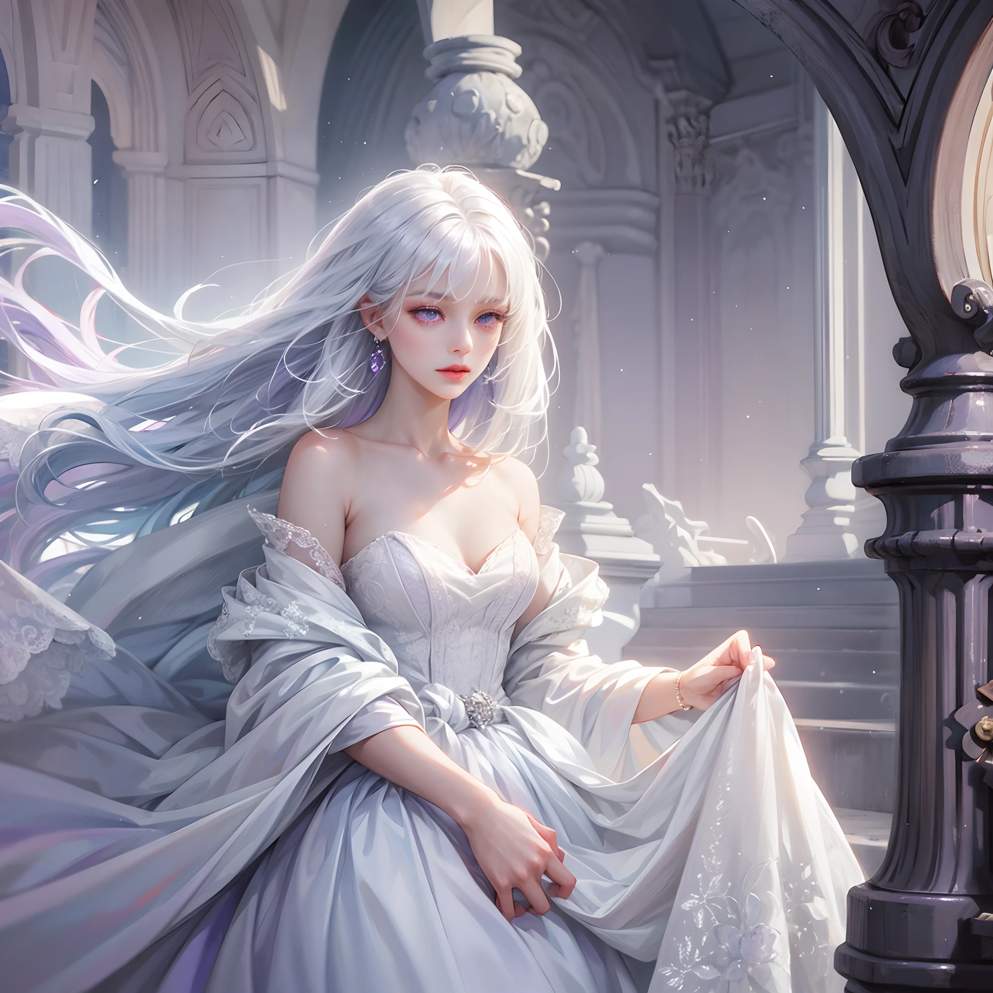 a women, white hair, purple eyes, white dress
