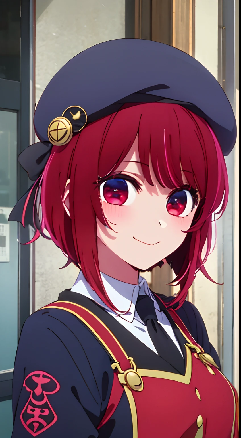 masterpiece、ighly detailed、(1 girl in:1.2)、Red hair、Learn uniforms、big eye、a closeup、A smile、8K、short-hair、beret、(((anime styled)))、Shining eyes