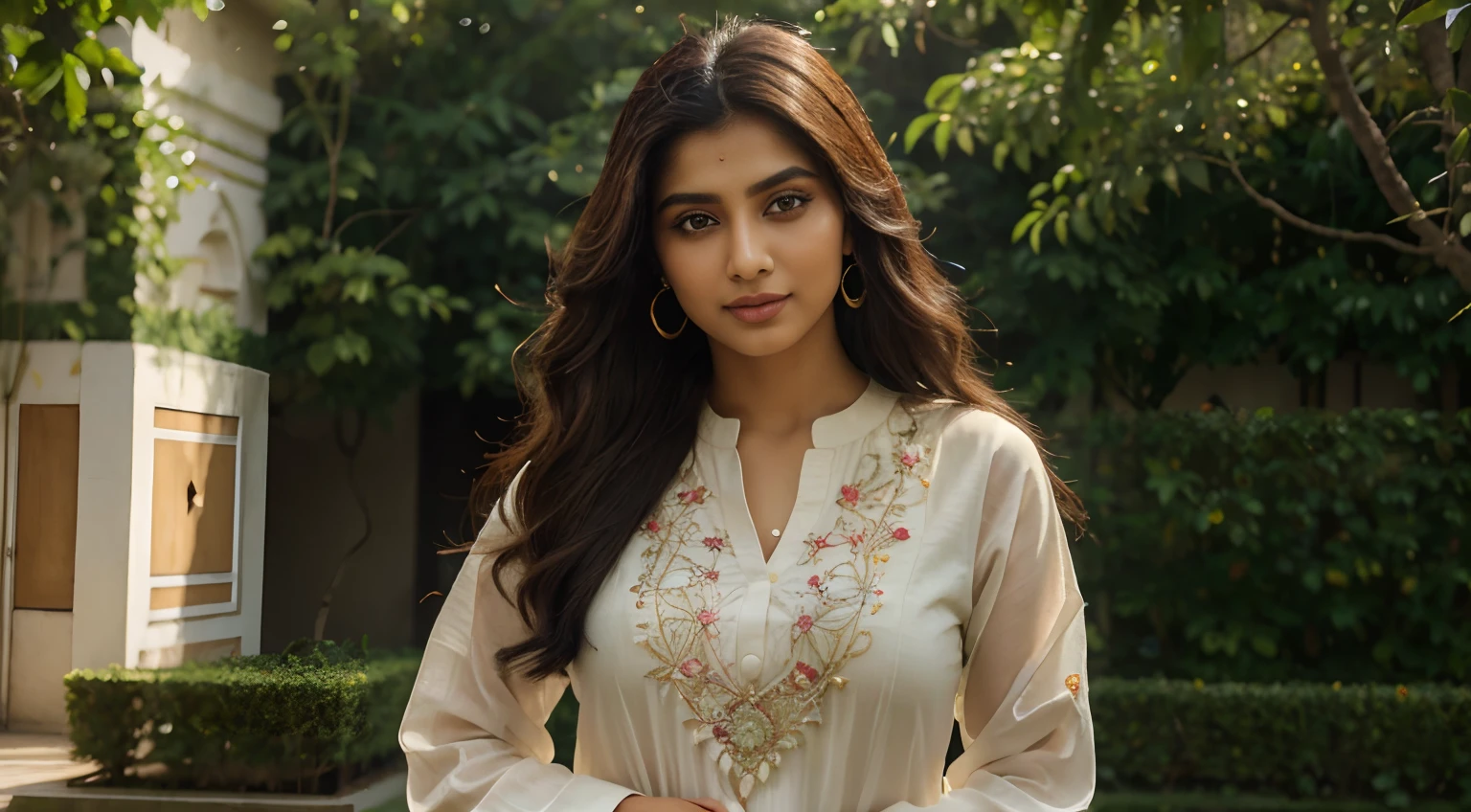 (best quality,4k,8k,highres,masterpiece:1.2),ultra-detailed,(realistic,photorealistic,photo-realistic:1.37),traditional,pakistani fashion,pakistani culture,vibrant colors,beautifully embroidered kurta,flowing and elegant shlwar,exquisite traditional patterns,bright and contrasting color combinations,pakistani ethnic jewelry,jhumka earrings,heavy dupatta with intricate designs,pakistani woman wearing the kurta shlwar,bright smile and confident posture,alluring eyes with kohl-rimmed eyelids,stunning makeup highlighting the natural beauty of the face,pakistani garden in the background,lush green plants and colorful flowers,captivating evening sunlight casting a warm golden glow,soft breeze gently rustling the leaves,capturing the essence of pakistani traditions and elegance,presenting a stunning visual representation of pakistani style and fashion.
