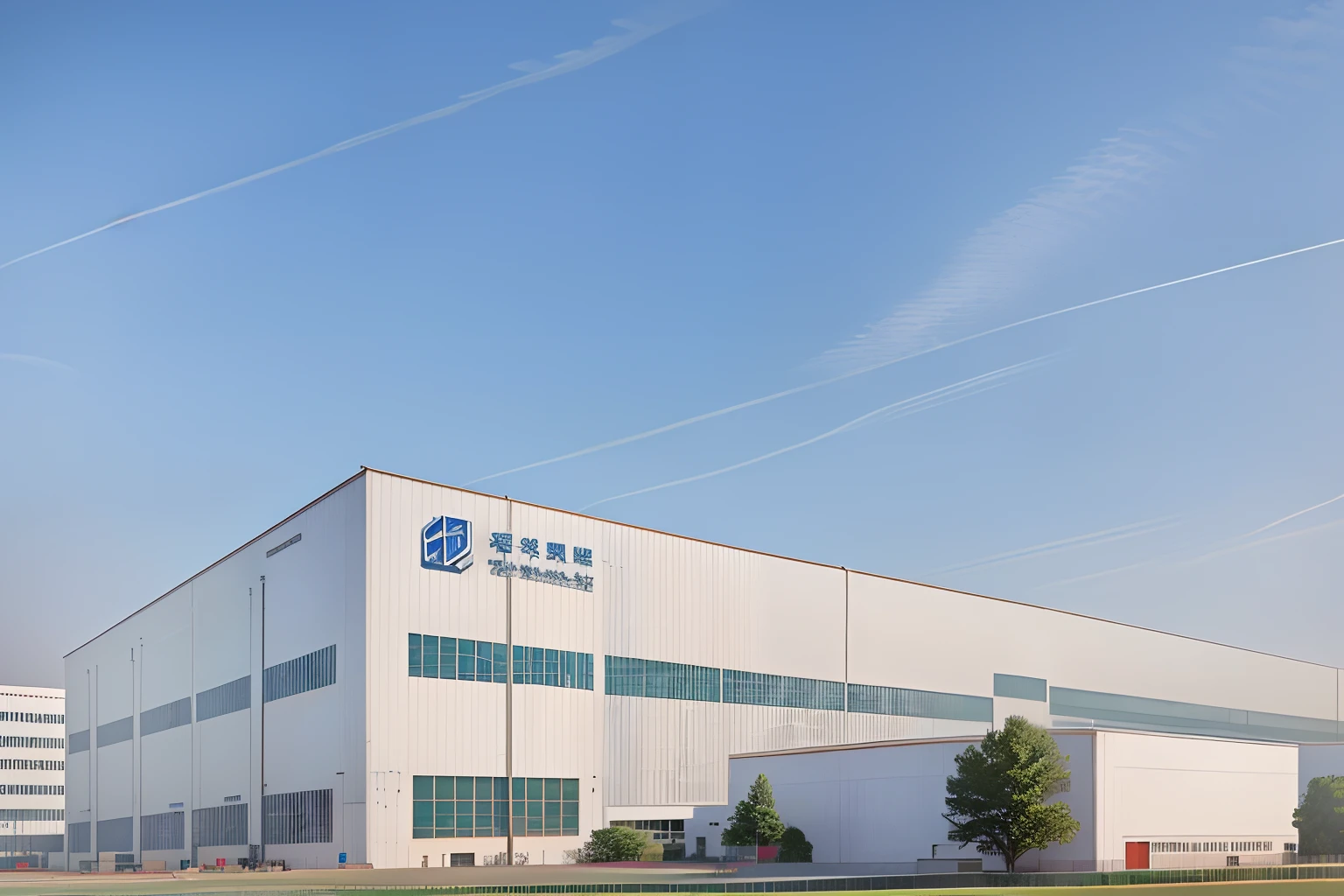 There is a large building,There is a logo on the side, introduction factory photo, factory, detailed factory, exterior wide shot, Factory background, Location shooting, Taoist, building facing, industrial factory, wide angle exterior 2022, jinyiwei, full building, view from ground, warehouses, a wide full shot, allure