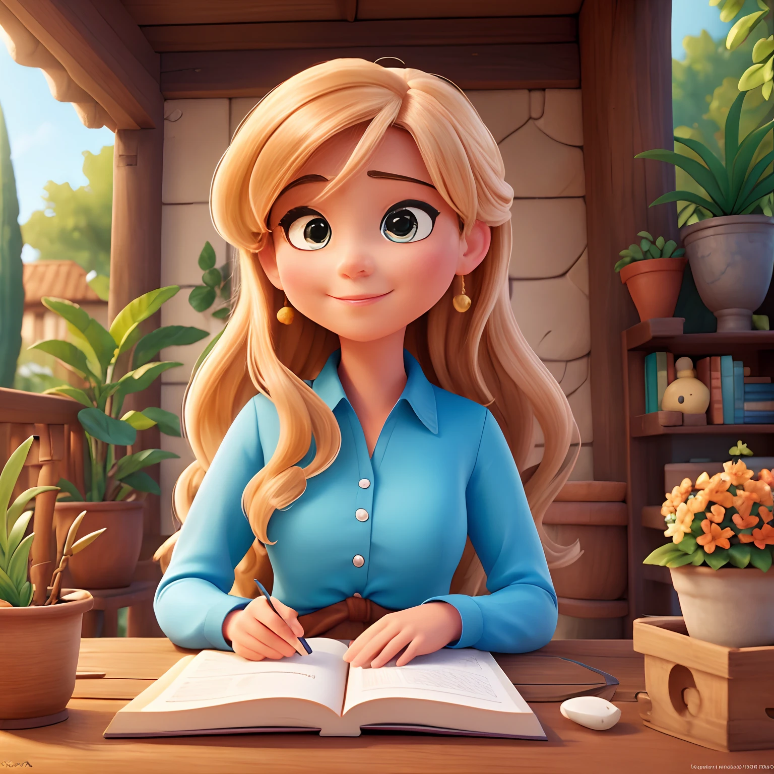 A woman sitting at a wooden table on the terrace, Nice and quiet place of soft light with potted plants, The beautiful woman is reading a book of fables, pequenas borboletas azuis sobrevoam o livro com se estivessem saindo de dentro livro, painting digital adorable, bela arte digital, Pintura realista, arte digital detalhada bonito, in style of disney animation, very magical and dreamy, Beautiful digital illustration, arte de pintura digital dos desenhos animados