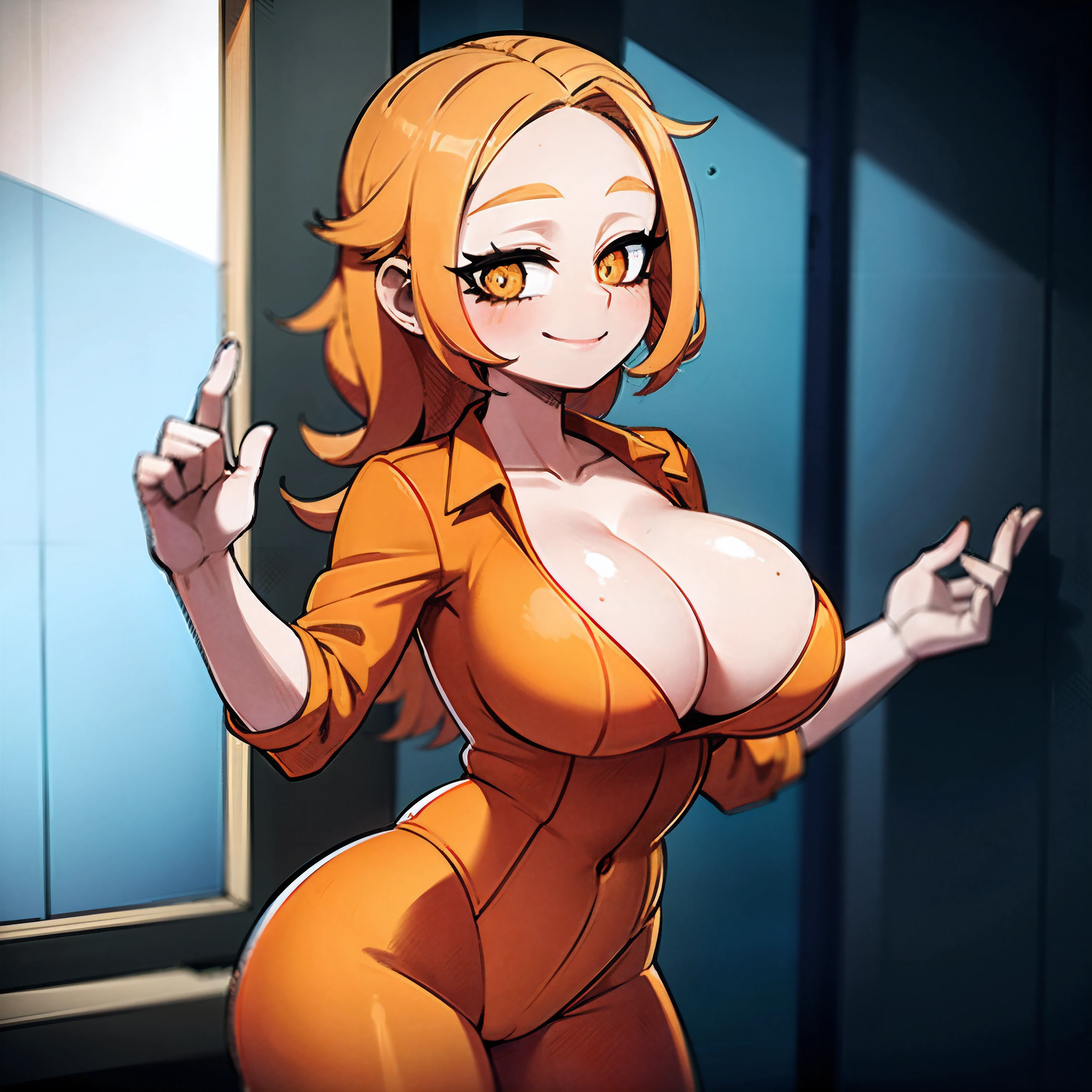 1woman, big breasts, tiny waist, big butt, wearing orange prison jumpsuit, cleavage, orange hair, wavy hair, long hair, exposed forehead, orange eyes, scars on face, smiling, hands hancuffed, in prison cell, cute