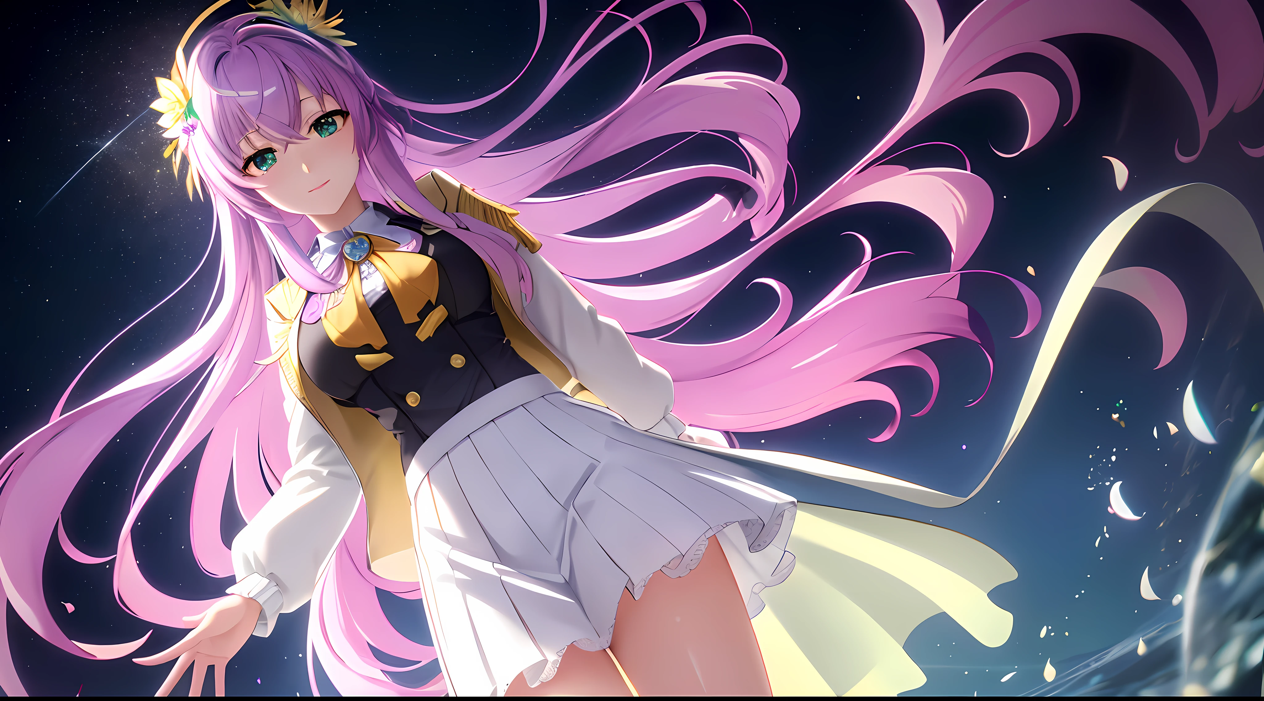 Athena with plain long light purple hair,hair between eyes,green eyes,rosy cheeks,full lips,thin eyebrows,slender body,wearing school coat adorned with frills and lace,golden pendant on neck  and full long skirt,cute anime girl,full body,flowers field in background,anime style,Lumen Reflections,Screen Space Reflections,Diffraction Grading,Chromatic Aberration,GB Displacement,Scan Lines,Ray Traced,Anti-Aliasing,FXAA,TXAA,RTX,SSAO,Shaders,OpenGL-Shaders, GLSL-Shaders,Post Processing,Post-Production,cell Shading,Tone Mapping,CGI,VFX,SFX,insanely detailed and intricate, 4K,standing, solo, masterpiece, best quality, detailed face, detailed eyes, highres, standing, solo,masterpiece, best quality