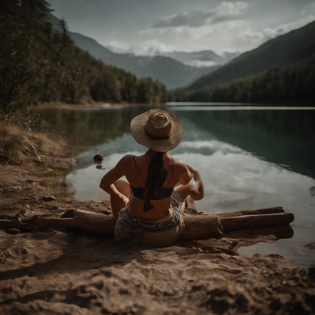 back 3/4 view, woman, sitting at the end of a long wooden pontoon, aged 30, with a mug coffee, lake and forest background, full body, panties, t-shirt, long brown hair, from back side, cinematic atmosphere, feminine, ultra-sharp, high resolution, imperfect skin, natural skin, wide angle shot