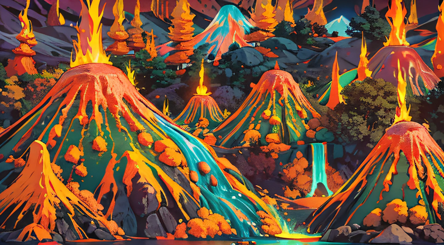 A surreal Pixar 3D representation of a volcanic eruption, channeling the style of Studio Ghibli, with a whimsical twist. The volcano is a quirky character, its lava resembling streams of neon-colored paint, set against a vibrant, magical landscape, with playful, animated expressions on the faces of enchanted forest creatures witnessing the eruption