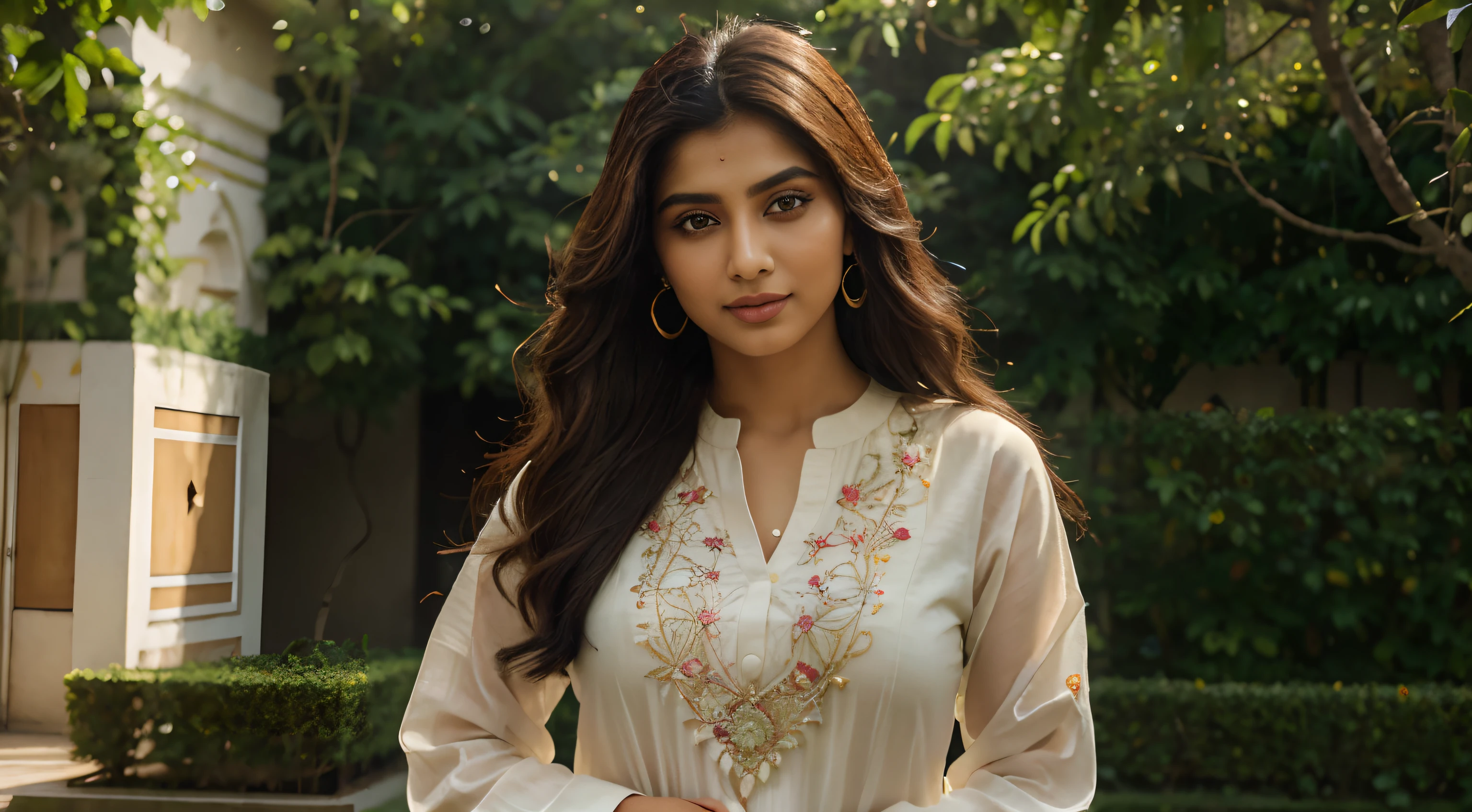 (best quality,4k,8k,highres,masterpiece:1.2),ultra-detailed,(realistic,photorealistic,photo-realistic:1.37),traditional,pakistani fashion,pakistani culture,vibrant colors,beautifully embroidered kurta,flowing and elegant shlwar,exquisite traditional patterns,bright and contrasting color combinations,pakistani ethnic jewelry,jhumka earrings,heavy dupatta with intricate designs,pakistani woman wearing the kurta shlwar,bright smile and confident posture,alluring eyes with kohl-rimmed eyelids,stunning makeup highlighting the natural beauty of the face,pakistani garden in the background,lush green plants and colorful flowers,captivating evening sunlight casting a warm golden glow,soft breeze gently rustling the leaves,capturing the essence of pakistani traditions and elegance,presenting a stunning visual representation of pakistani style and fashion.