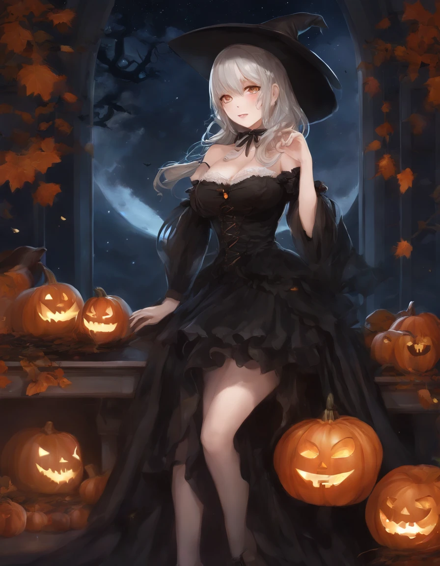 The Universe of Eighty-Eight Keys、Woman in black dress holding a pumpkin in her hand, splash art anime , Ahegao, halloween art style, very detailed Artgerm, Trending in ArtStation pixiv, nightcore, pixiv, rem rezero, anime moe art style, flirty anime witch casting magic, Seductive Anime Girl, in a halloween style, Top Rated on pixiv