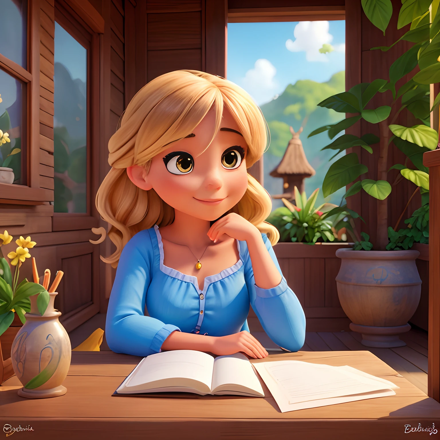 A woman sitting at a wooden table on the terrace, Nice and quiet place of soft light with potted plants, The beautiful woman is reading a book of fables, pequenas borboletas azuis sobrevoam o livro com se estivessem saindo de dentro livro, painting digital adorable, bela arte digital, Pintura realista, arte digital detalhada bonito, in style of disney animation, very magical and dreamy, Beautiful digital illustration, arte de pintura digital dos desenhos animados