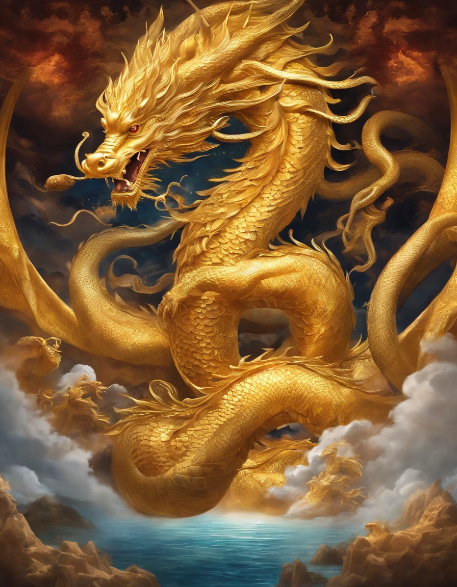 gold dragon god, gentle gaze, fantastic background, moonlight background, sea of clouds background, golden splashes, mysterious, divine light, mythical creature, traditional Chinese dragon, myth, speckled light, hazy haze, mysterious aura, masterpiece, fantastic, elegant dragon, good fortune, fantasy art
